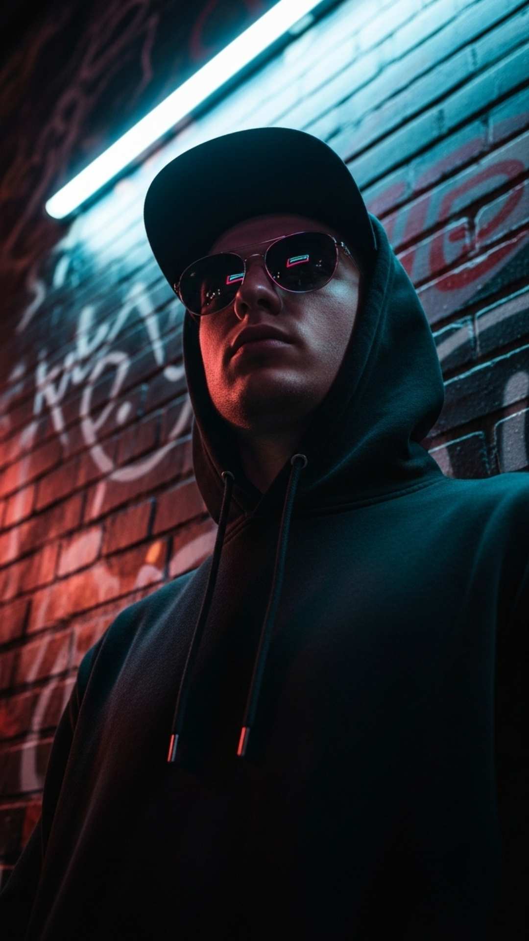 A man in a hoodie and baseball cap with a mysterious, edgy vibe standing against a graffiti wall under dramatic neon lights