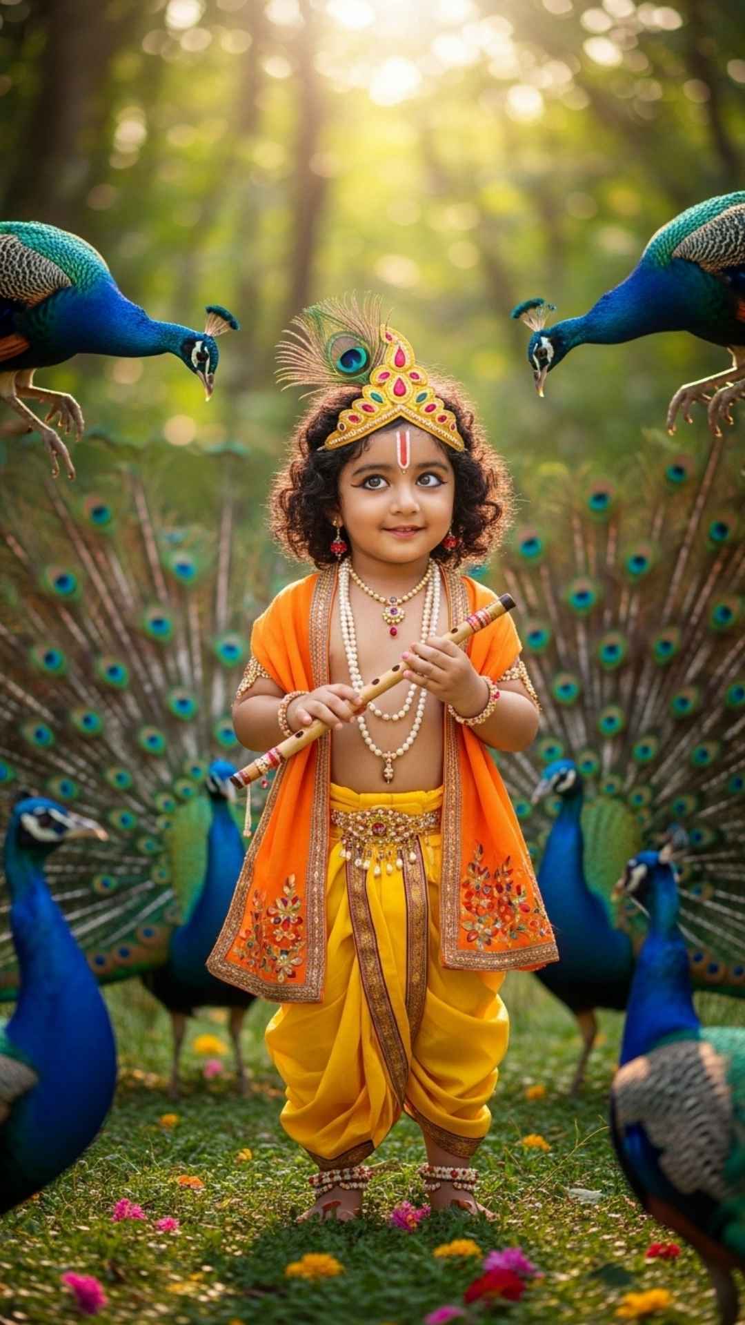 A playful and colorful picture of a child dressed as Bal Gopal with a mischievous smile, surrounded by peacocks.