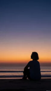 Abstract silhouette on beach at twilight, conveying calm solitude