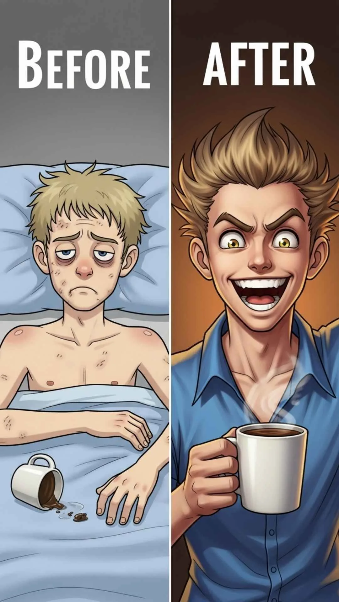 Funny coffee DP, before and after coffee meme, morning energy profile picture, coffee lover humor.