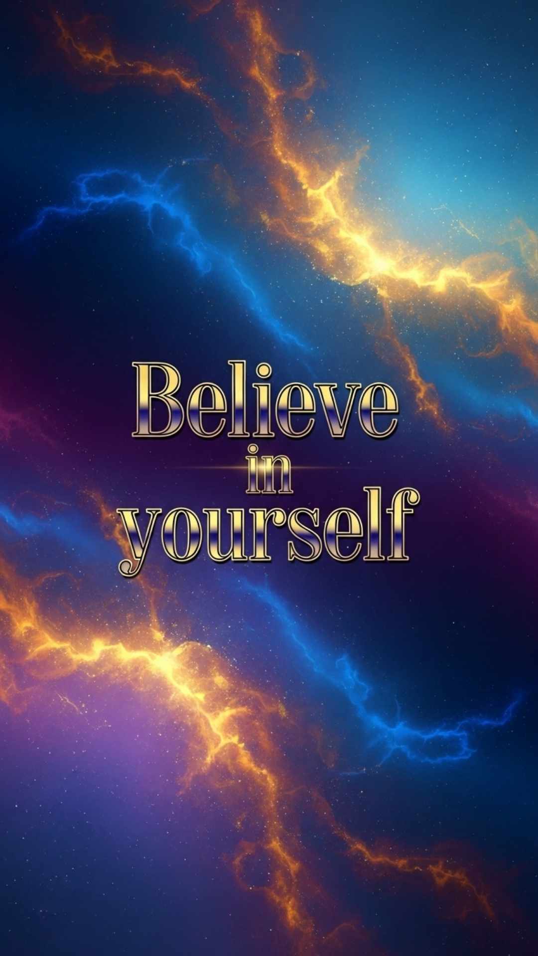 An abstract digital painting with blue, purple, and gold tones, featuring the bold typographic quote 'Believe in yourself' in the center.