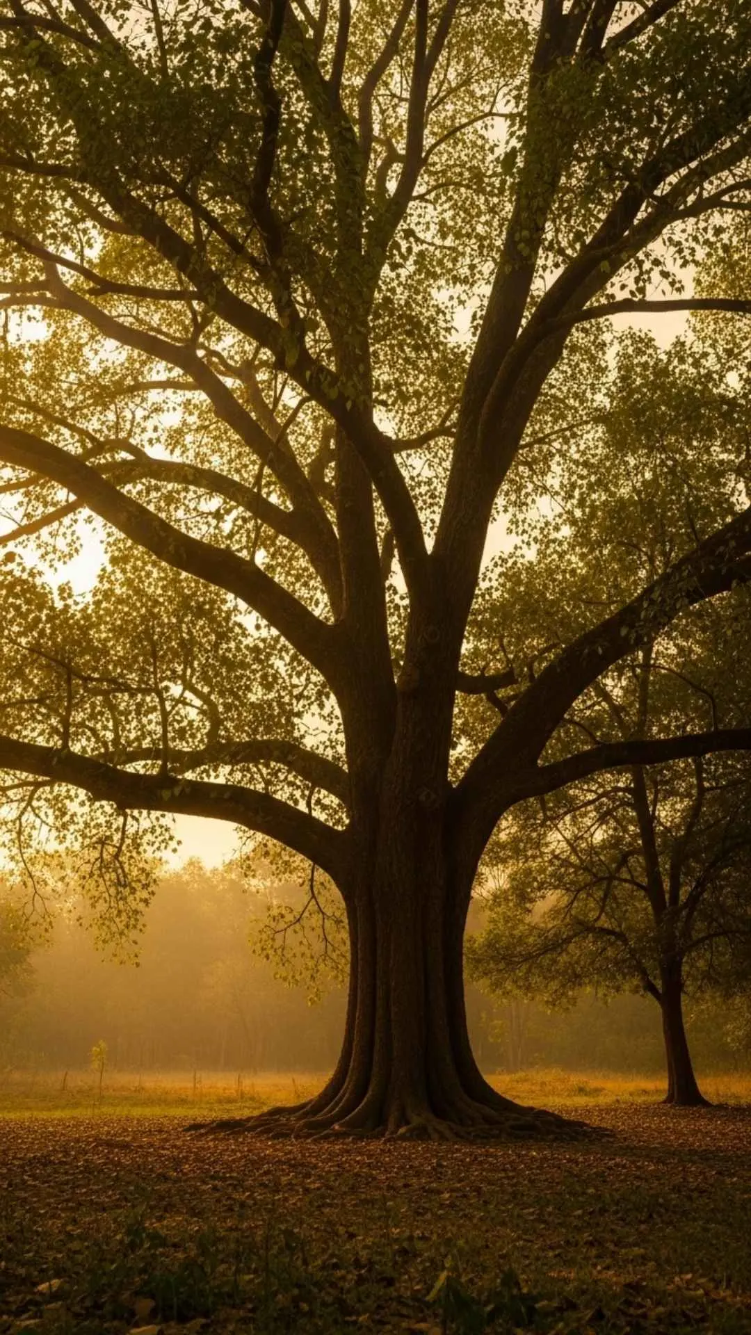 Ancient Bodhi tree DP for WhatsApp, with wide branches bathed in soft sunlight, conveying peace and reverence. A spiritual tree nature profile pic.