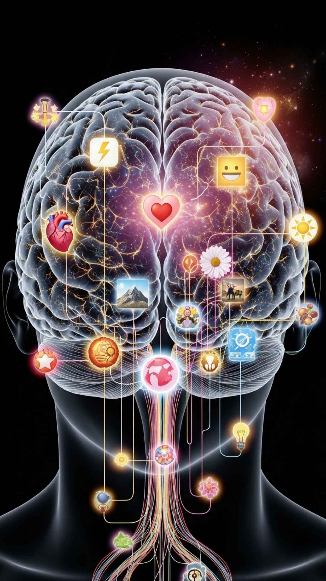 An intricate illustration of the human brain with glowing neural networks connecting to icons of emotions and images, visually representing the strong link between thoughts, feelings, and visual input.