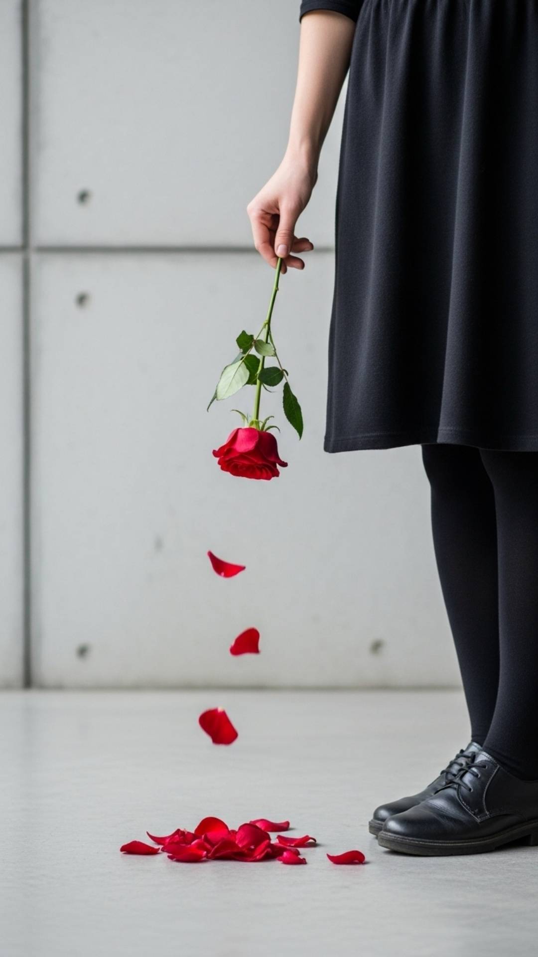 A girl's hand holds a single red rose with petals falling to the ground, a minimalist and symbolic image of heartbreak and loss