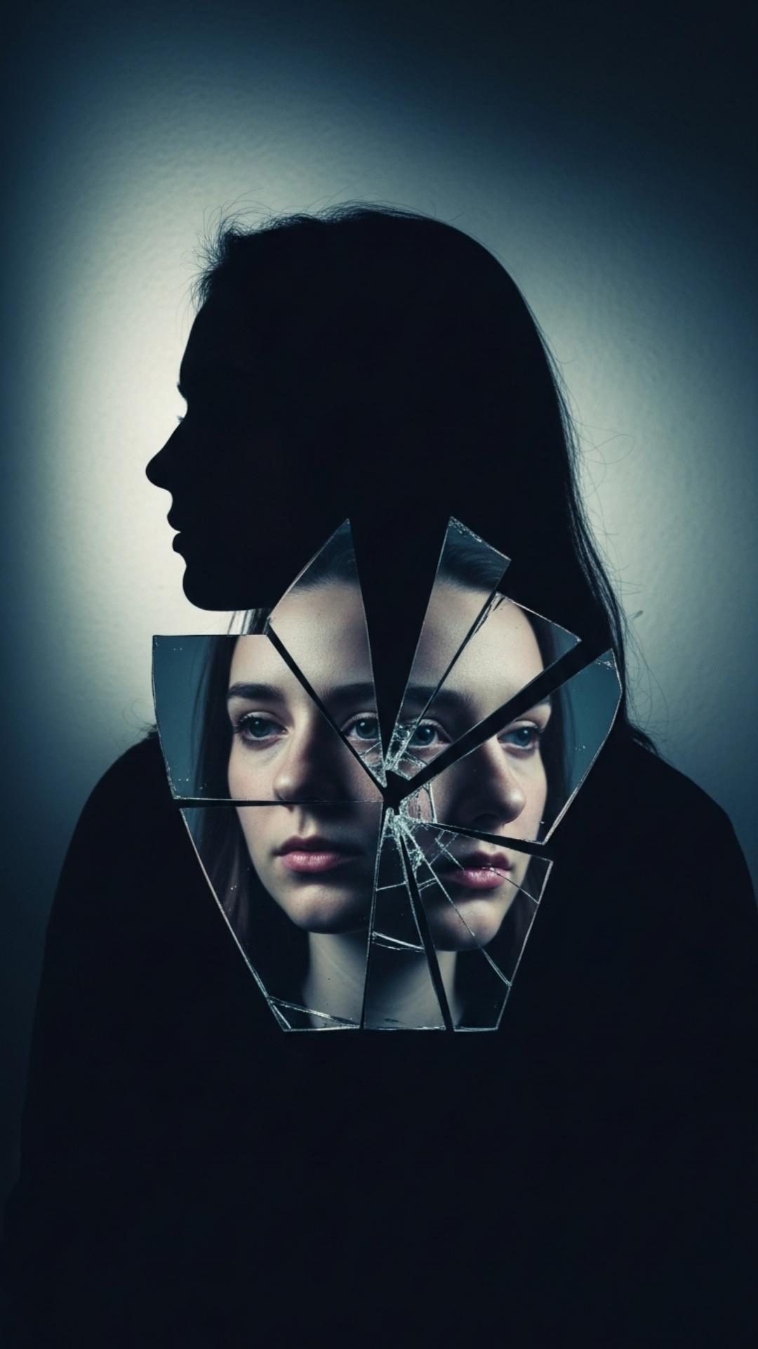 A conceptual image of a girl's silhouette with her reflection in broken glass, symbolizing a broken heart and introspection