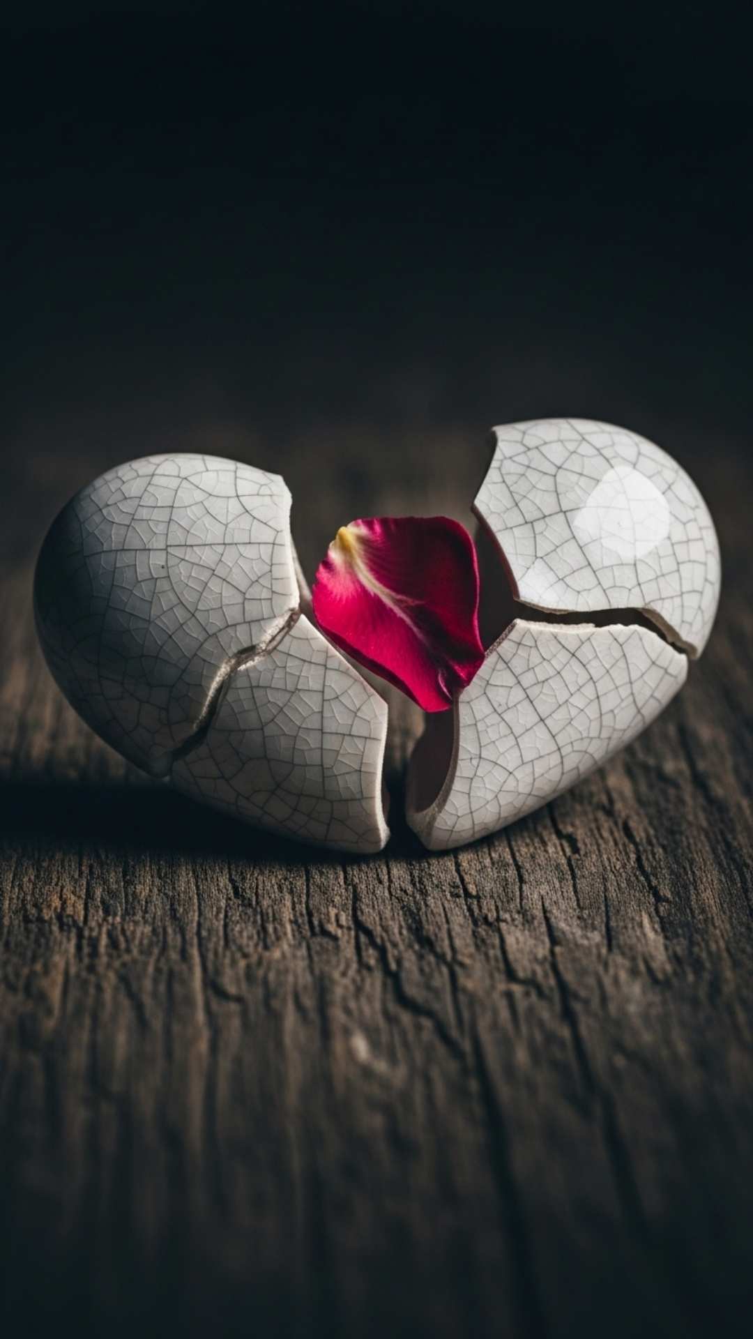 A fragmented, white ceramic heart lies broken on a dark wooden table. A single, faded red rose petal is placed in the crack, emphasizing the theme of heartbreak and loss