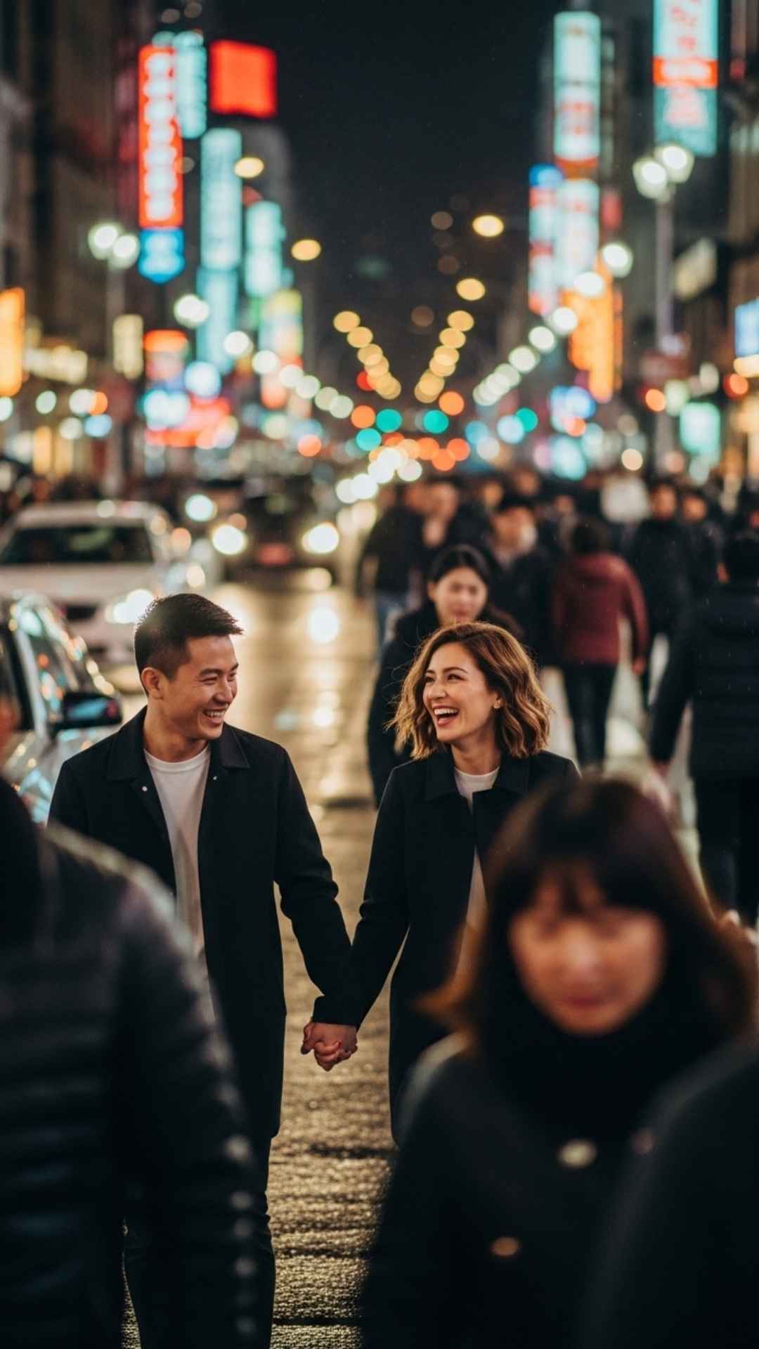A candid, stylish photo of a couple walking and laughing on a city street at night, with matching jackets and colorful bokeh lights.