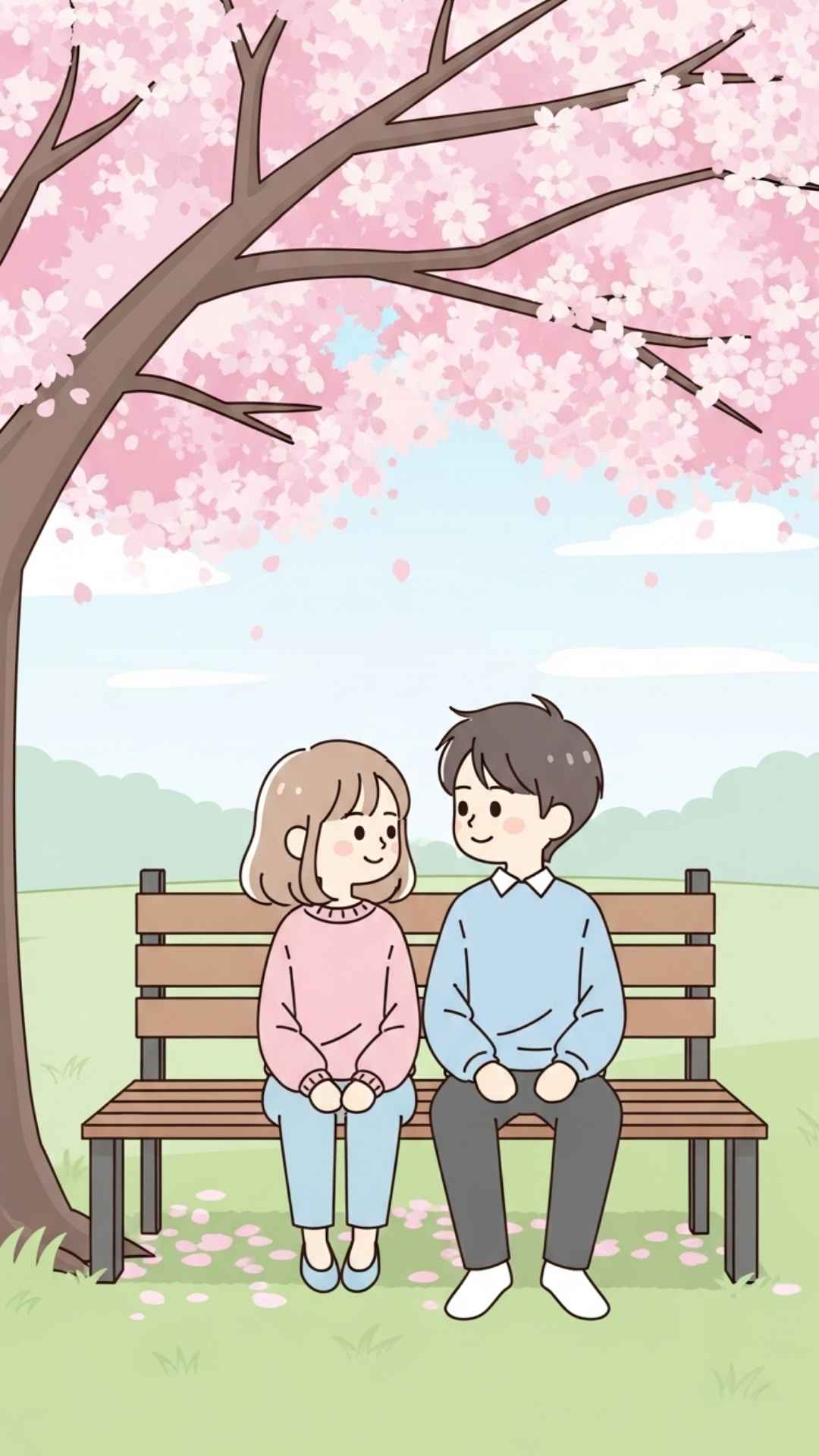 An adorable cartoon illustration of a couple sitting under a cherry blossom tree, drawn in a sweet, pastel style.