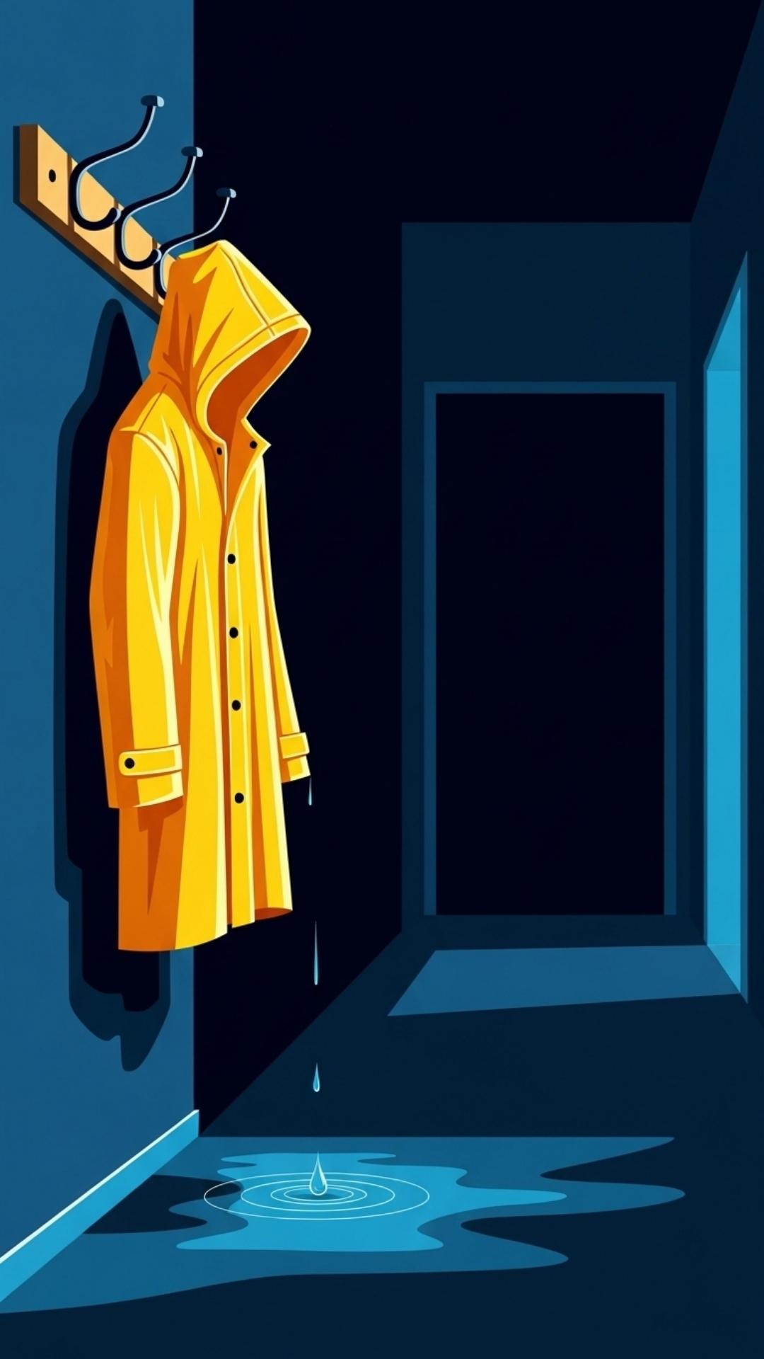 A single yellow raincoat hangs in a dark, empty hallway, with a raindrop falling from it.