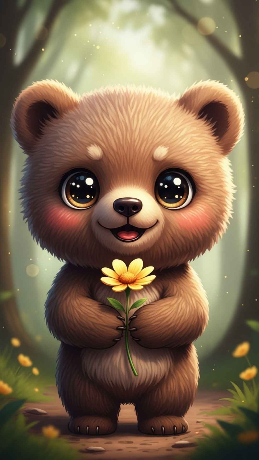 A cute chibi bear cub holding a yellow flower with a big smile, illustrated in a digital art style.