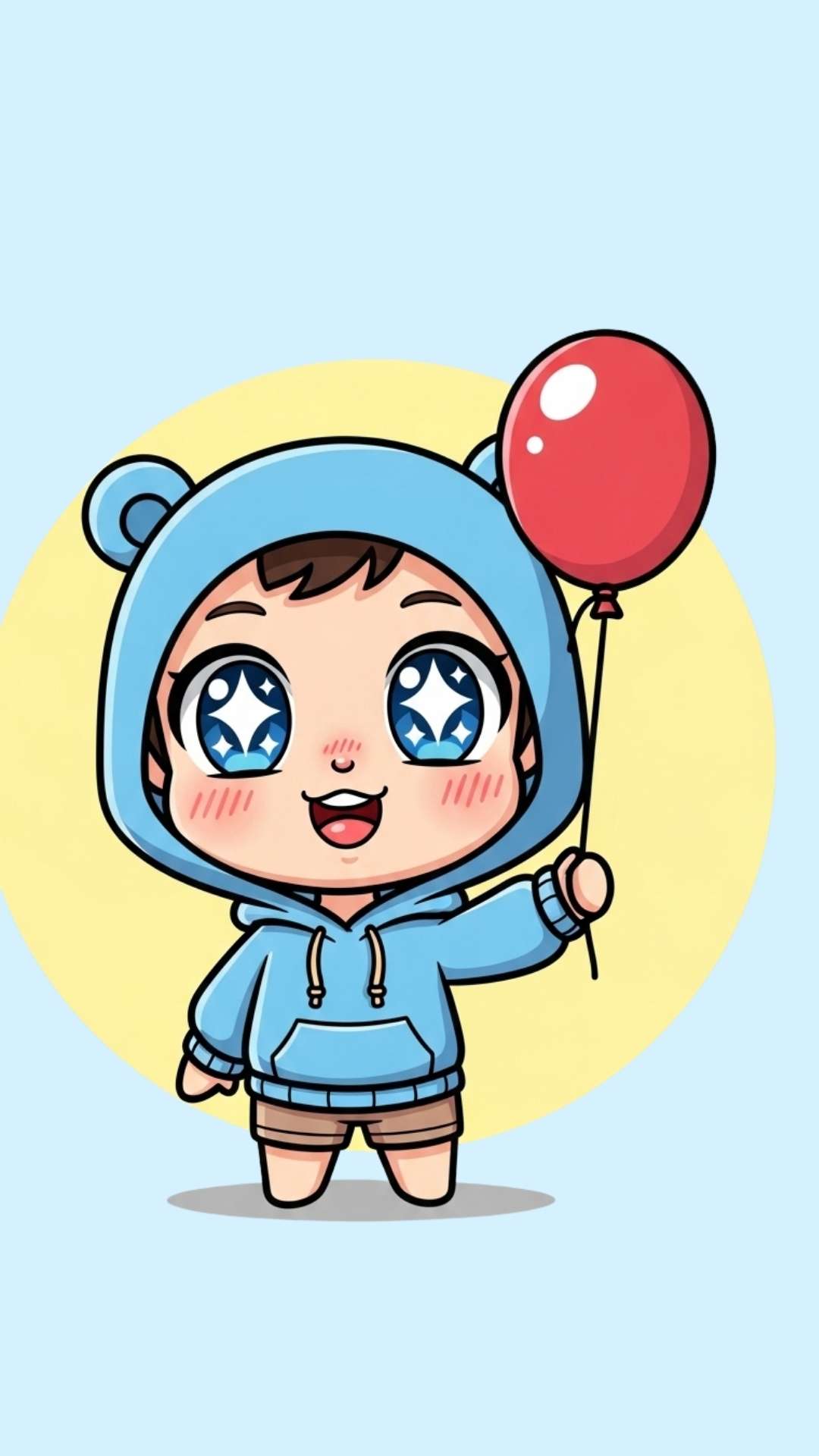 A cheerful, cute chibi cartoon character with large eyes, holding a colorful balloon against a pastel background