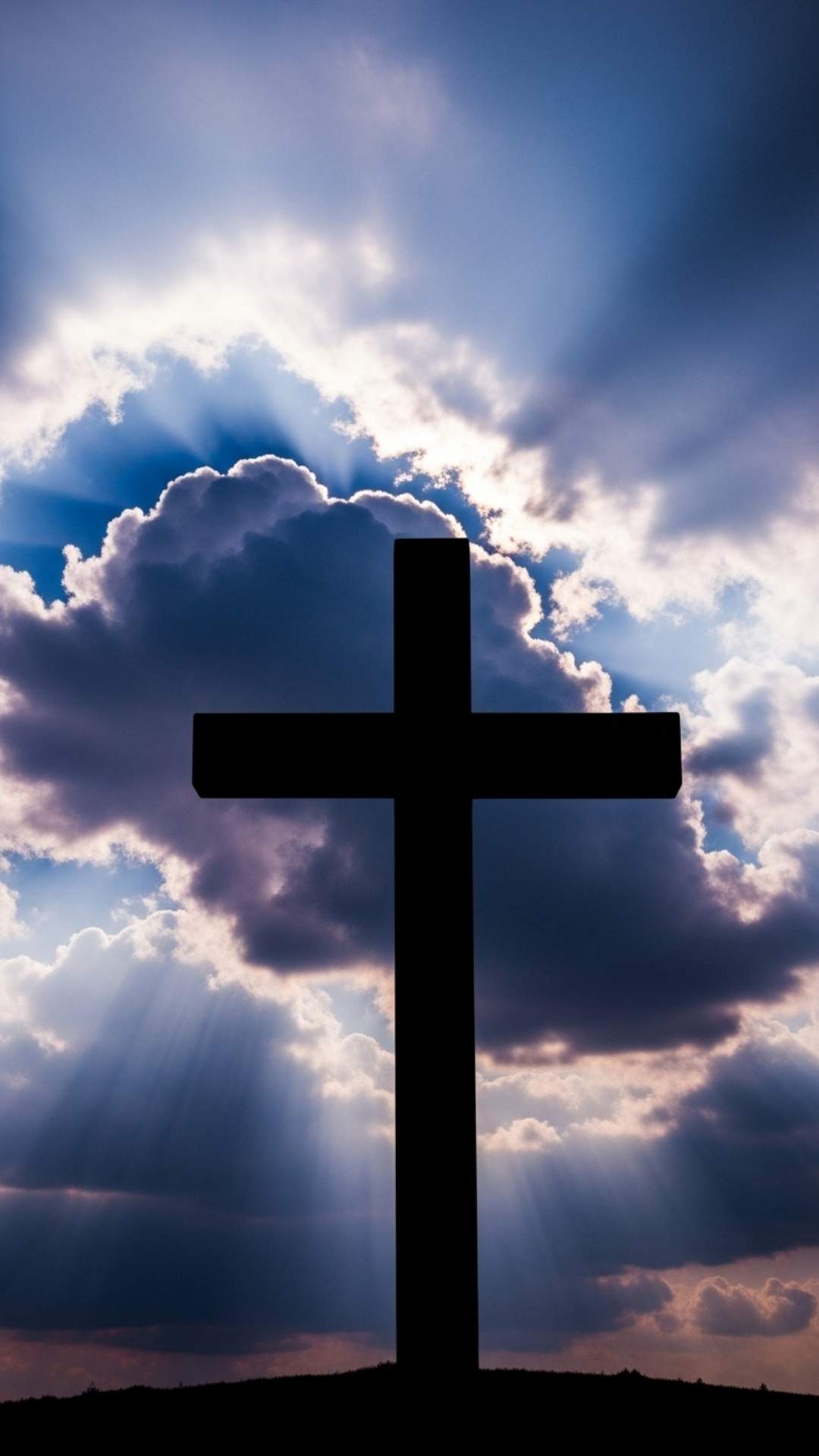 A simple wooden cross in silhouette against a dramatic, cloudy sky with rays of light breaking through.