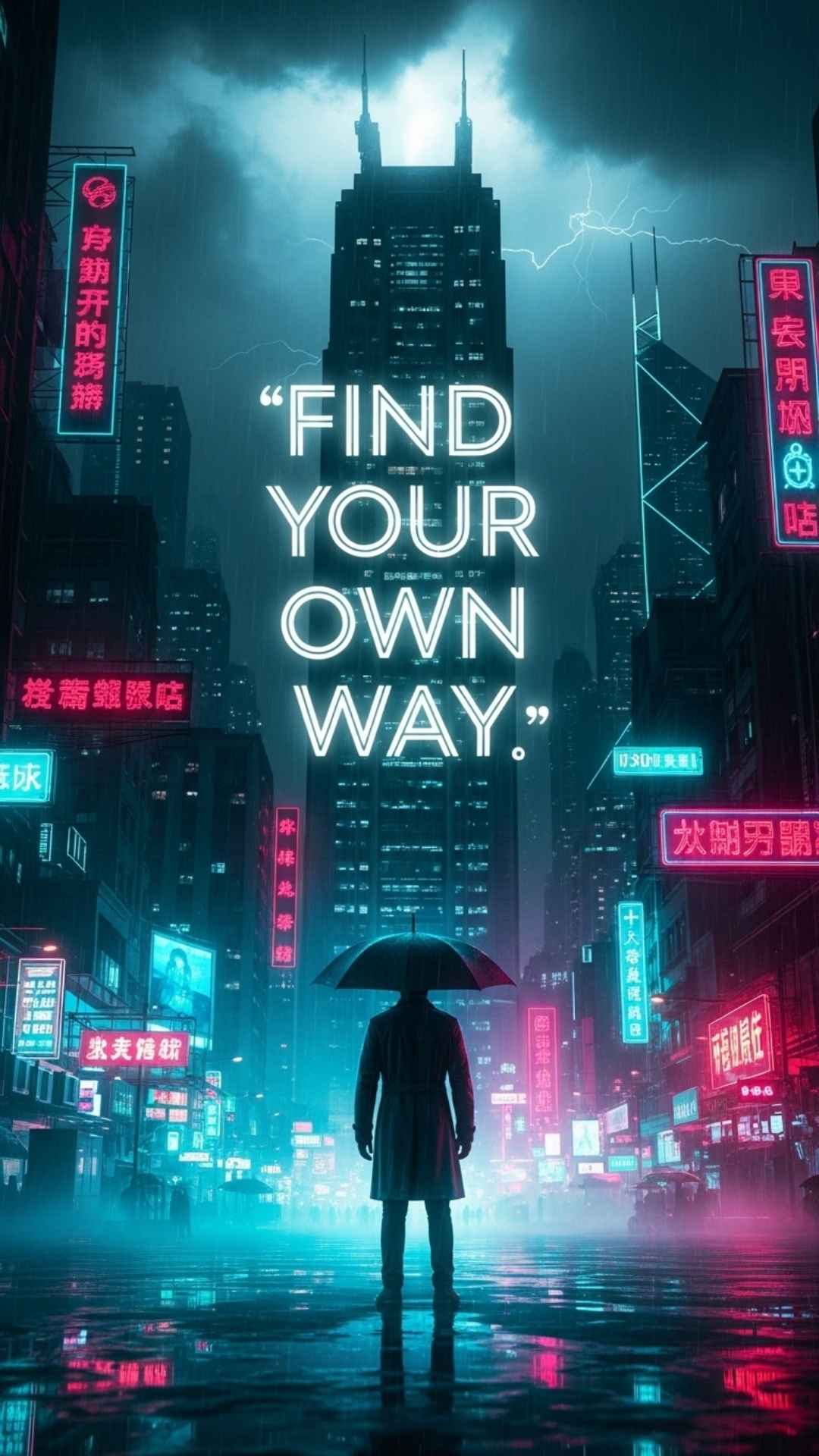 A lone figure stands in a neon-lit city at night, looking at a glowing quote. The photo has a cinematic, introspective feel.