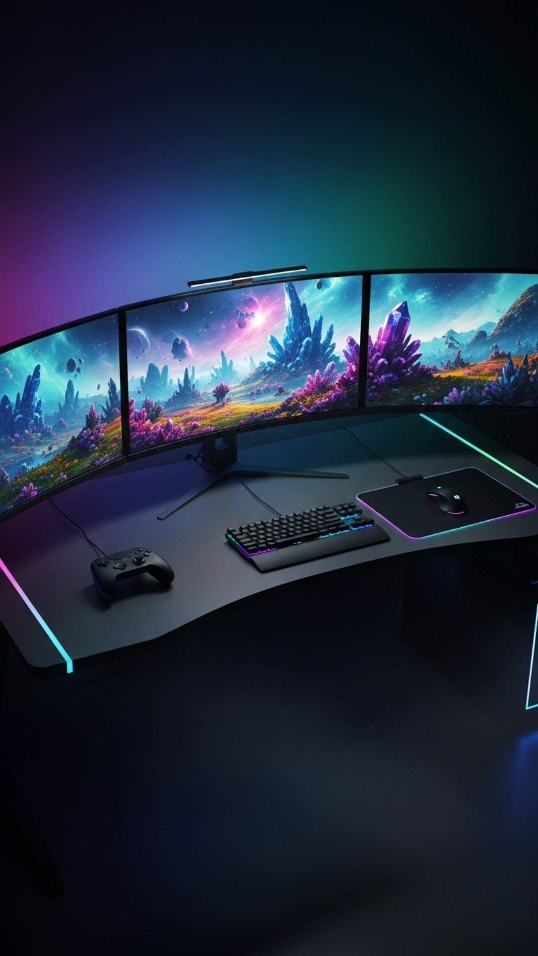 A cinematic shot of a gaming setup with three monitors displaying a sci-fi landscape, lit by the glow of the screens.