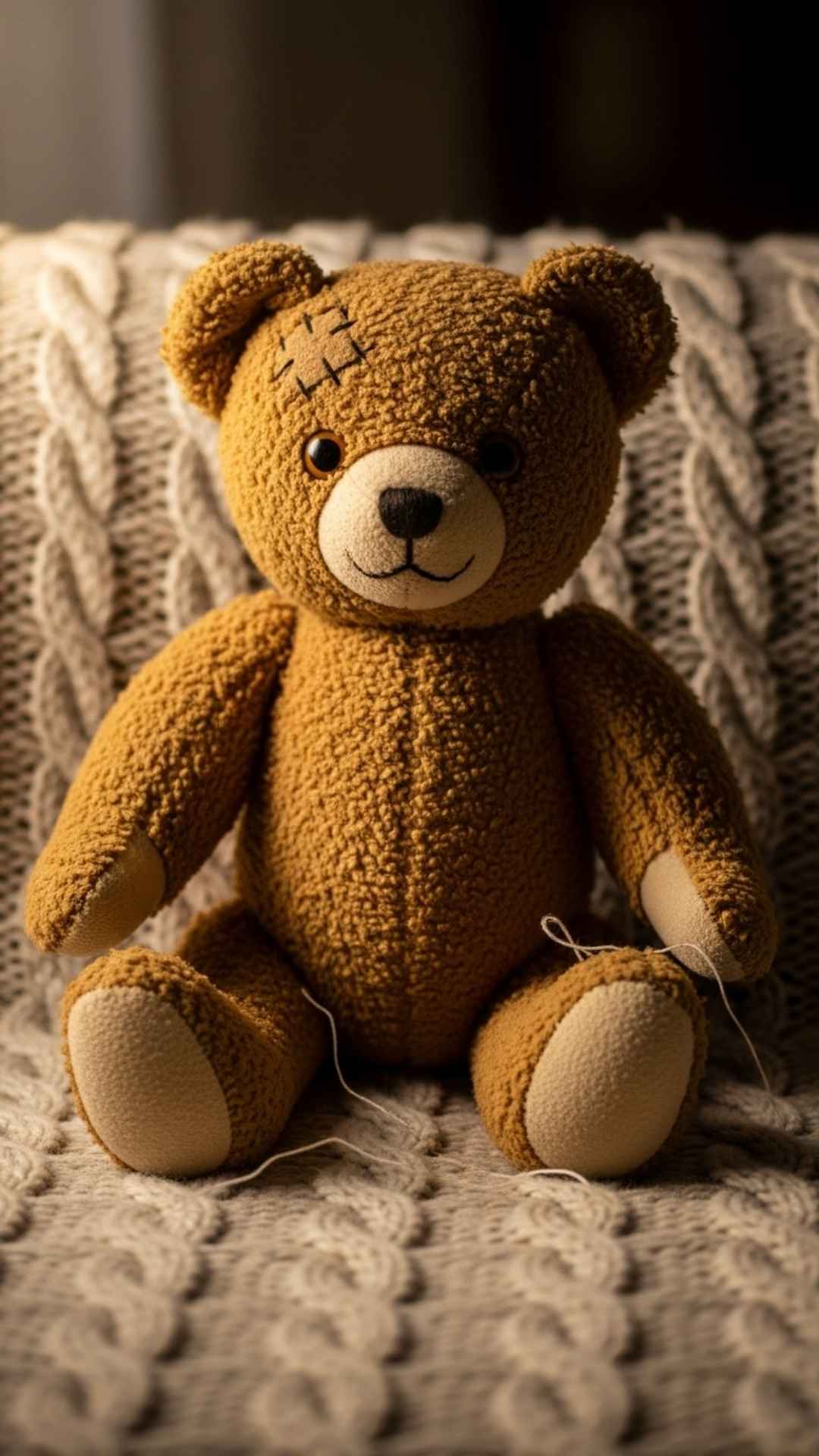 A cozy, nostalgic photo of a classic brown teddy bear on a knitted blanket