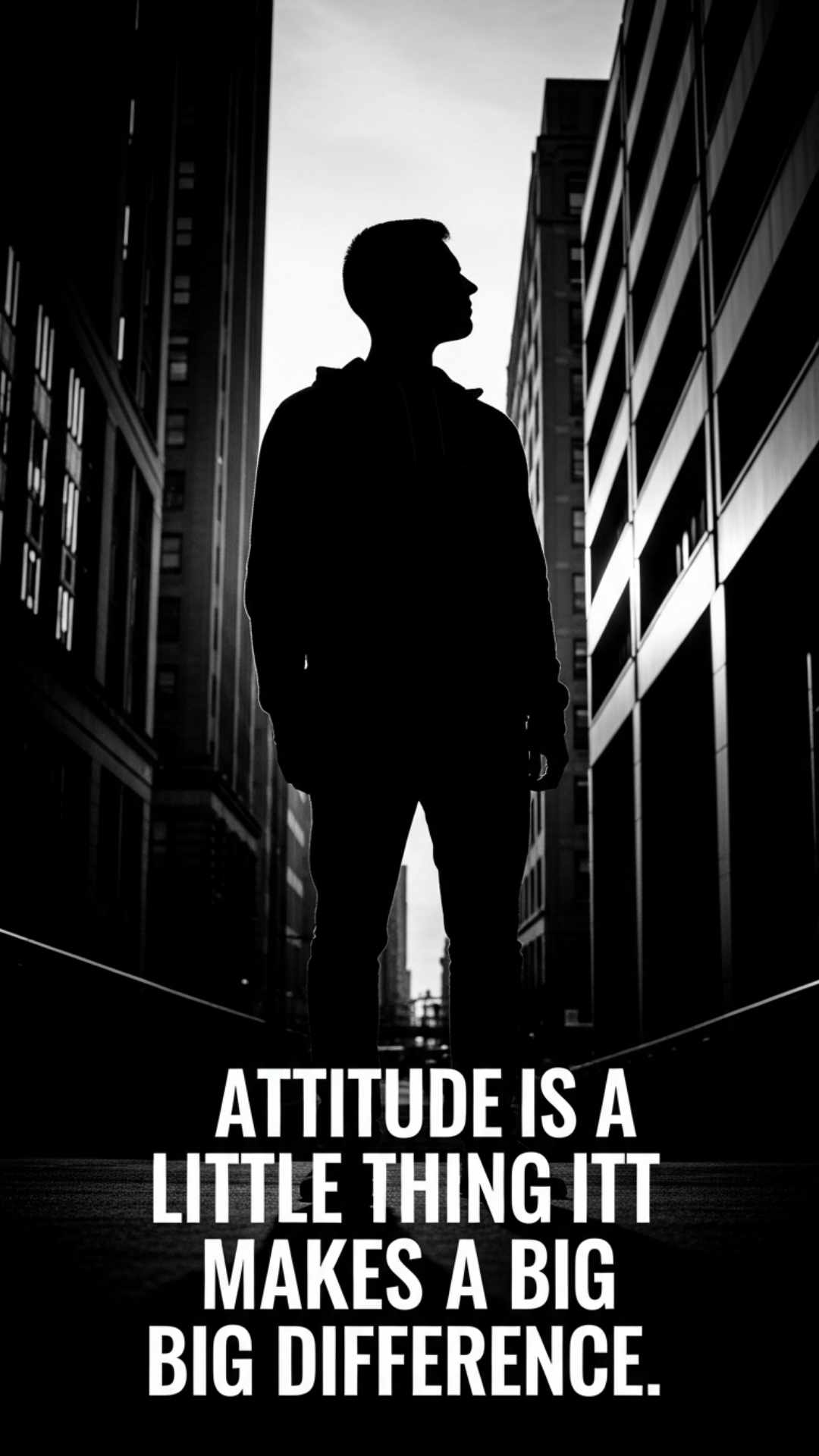 A person's silhouette stands confidently against an urban cityscape. The black-and-white photo has dramatic lighting and a powerful quote about attitude in a bold font.