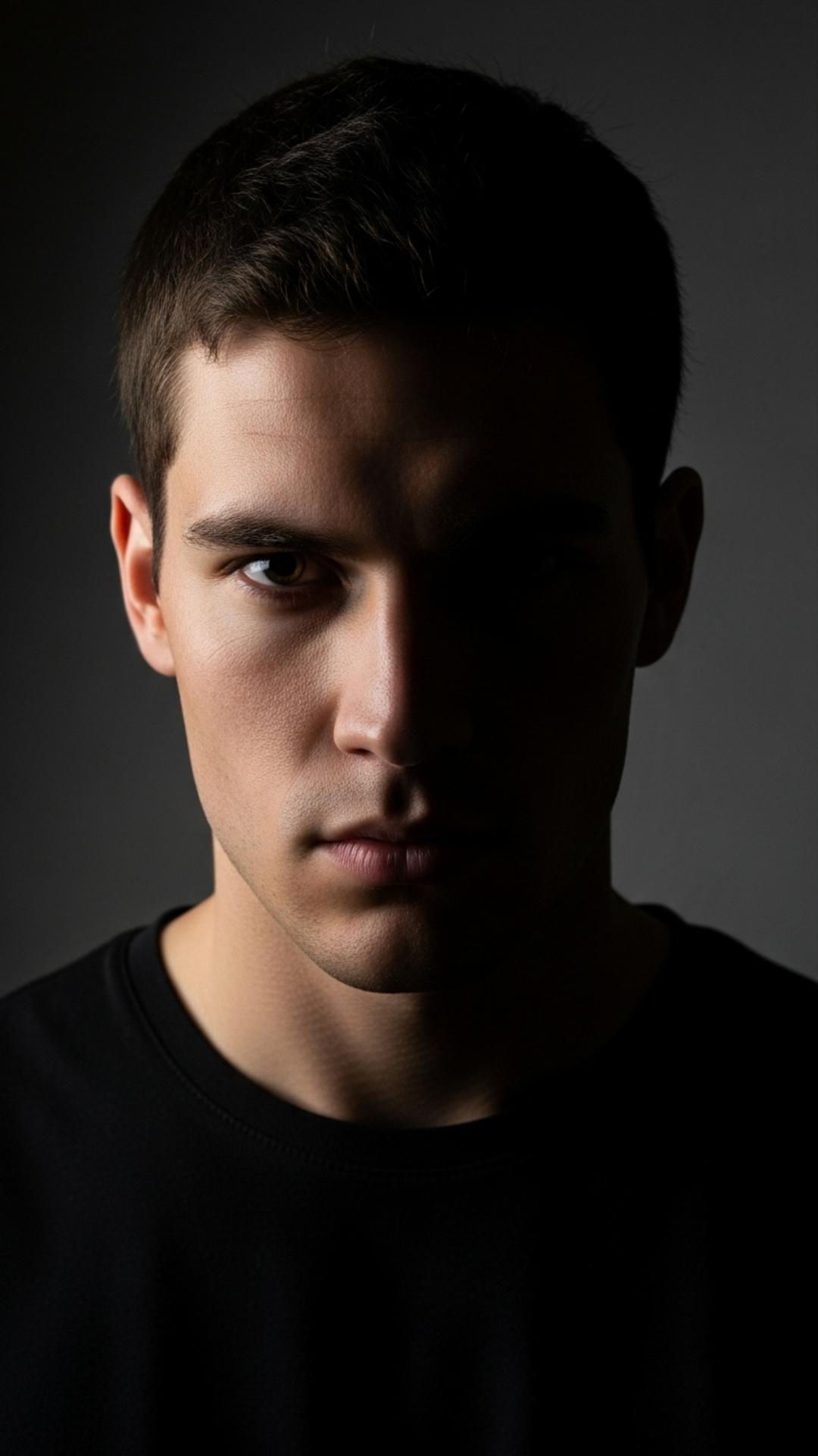 A close-up portrait of a young man with a confident expression, half of his face in shadow from dramatic side lighting