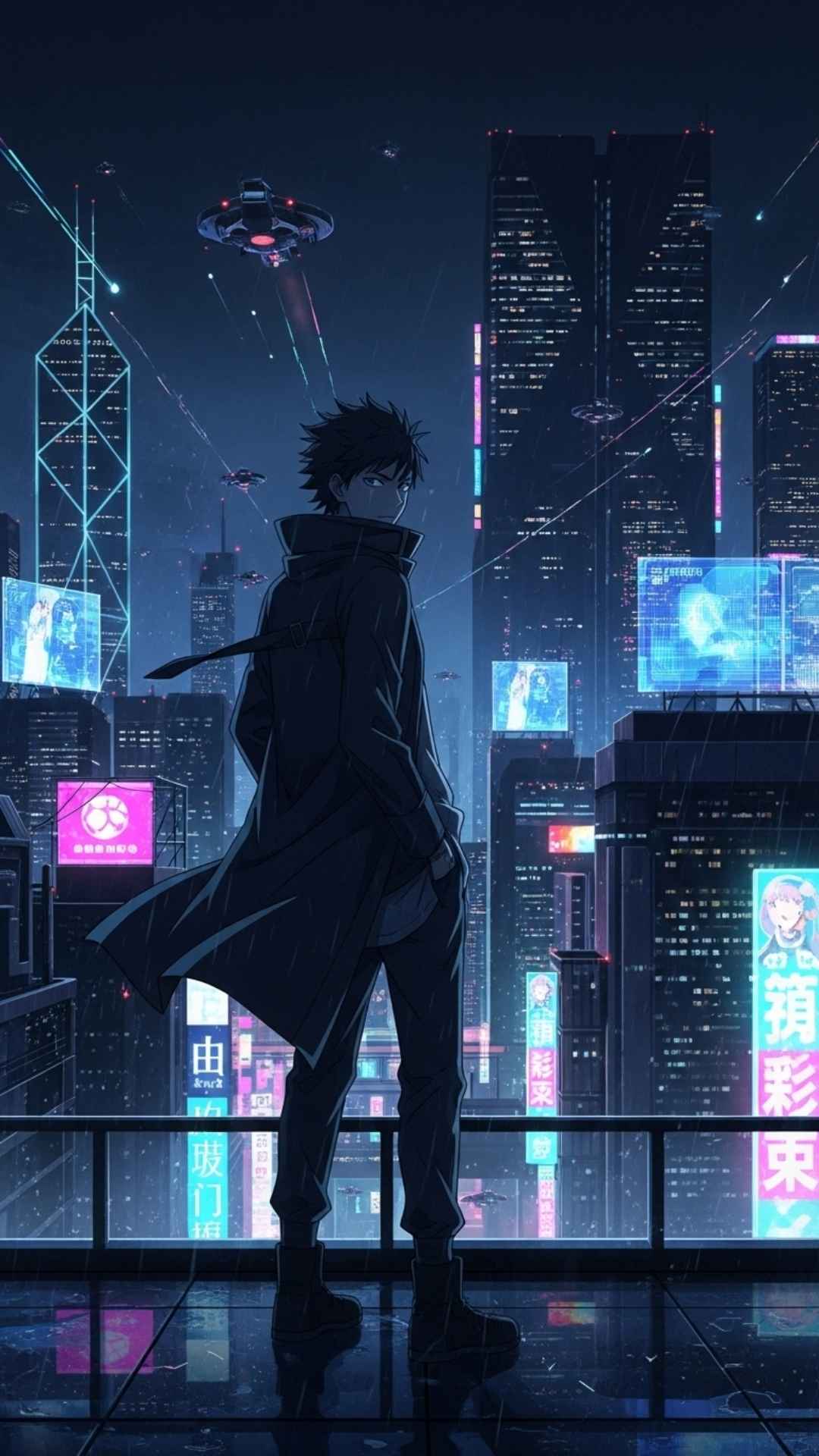 A cool anime boy with an intense gaze, standing on a neon-lit rooftop at night with a futuristic city in the background.