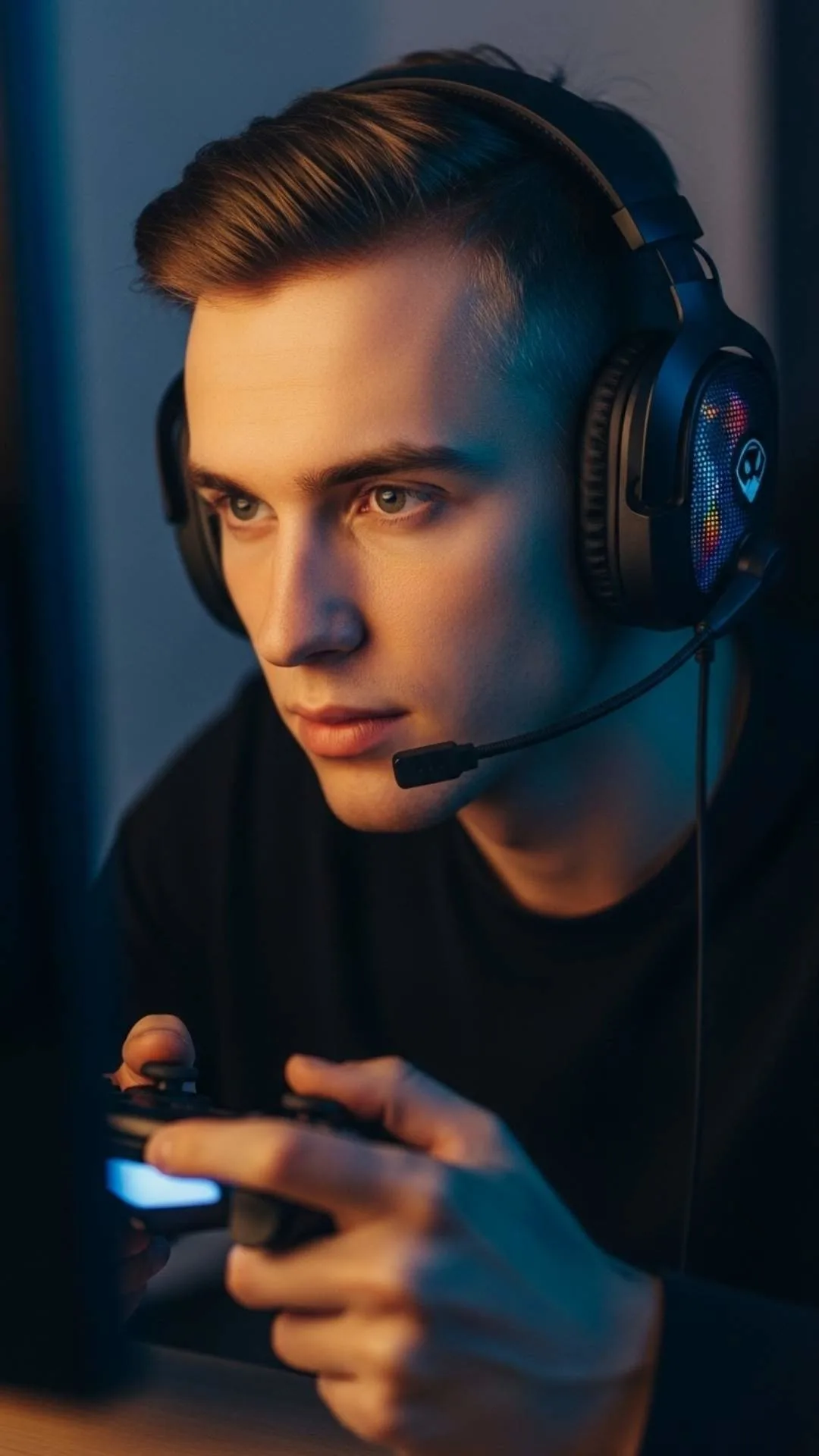 Gaming cool Facebook DP for boys, gamer profile picture, focused male gamer FB DP, esports avatar.