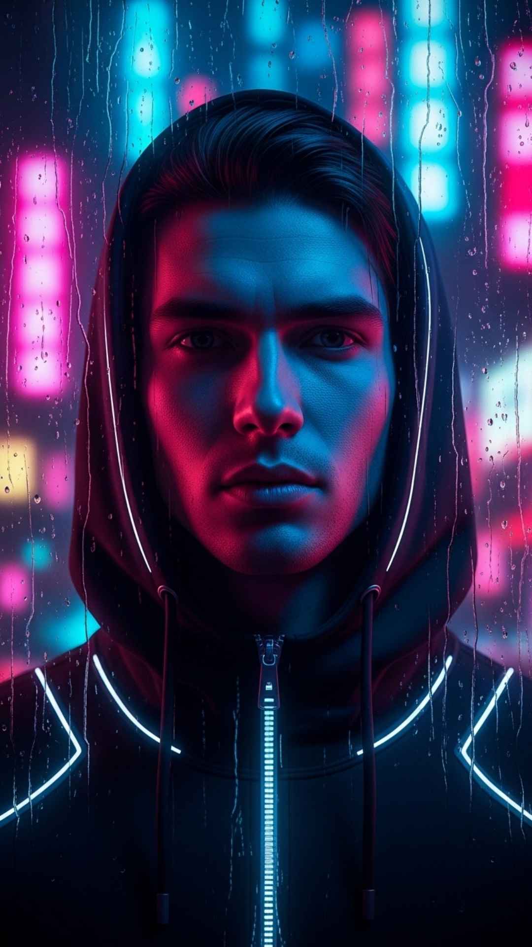 A close-up portrait of a young man with a cyberpunk aesthetic, wearing a dark hoodie with LED details, against a blurred background of a neon-lit futuristic city with rain on a window.