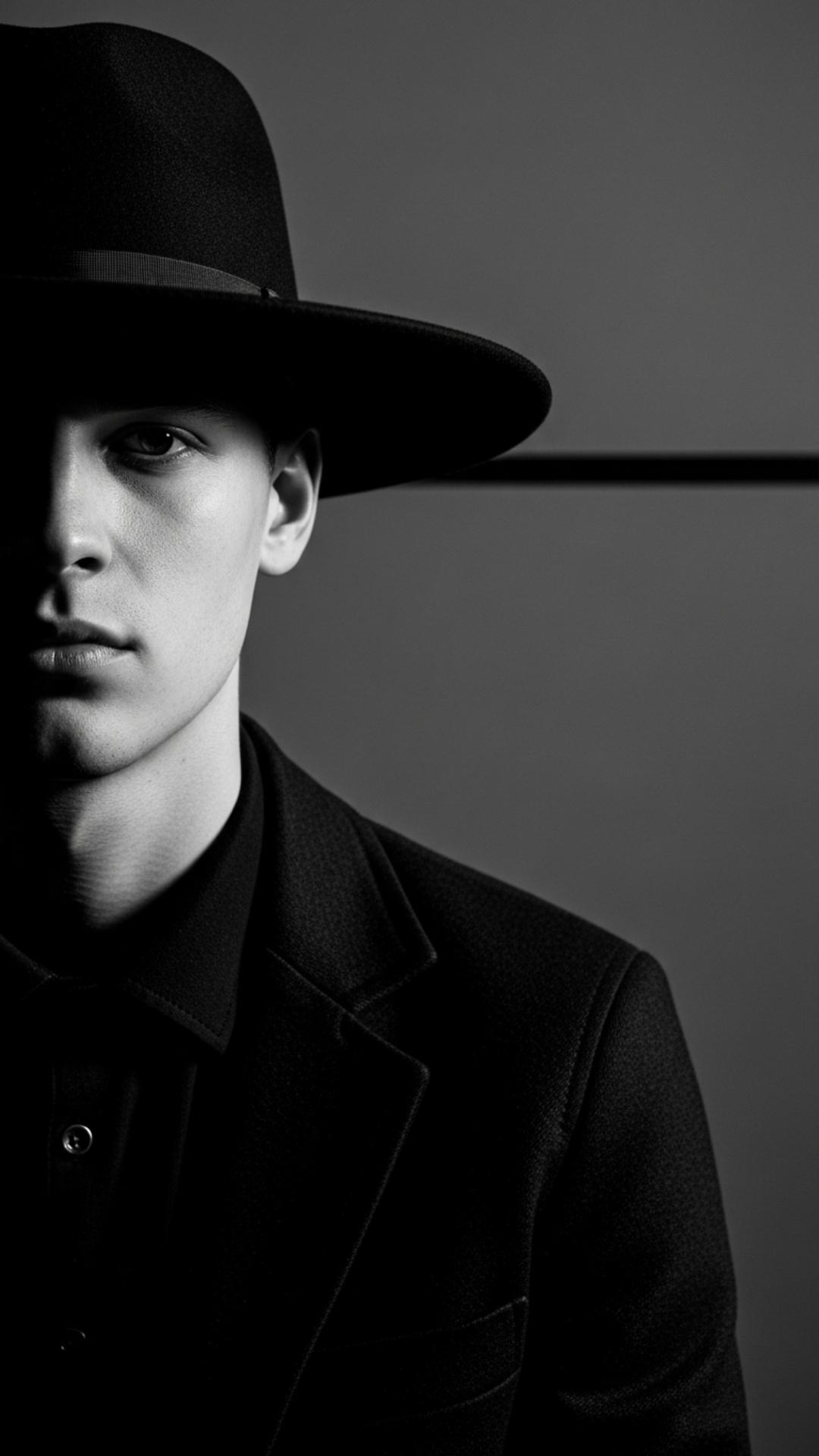 A high-contrast black and white portrait of a young man, with half of his face obscured by the shadow of his hat, creating a mysterious and cool demeanor.