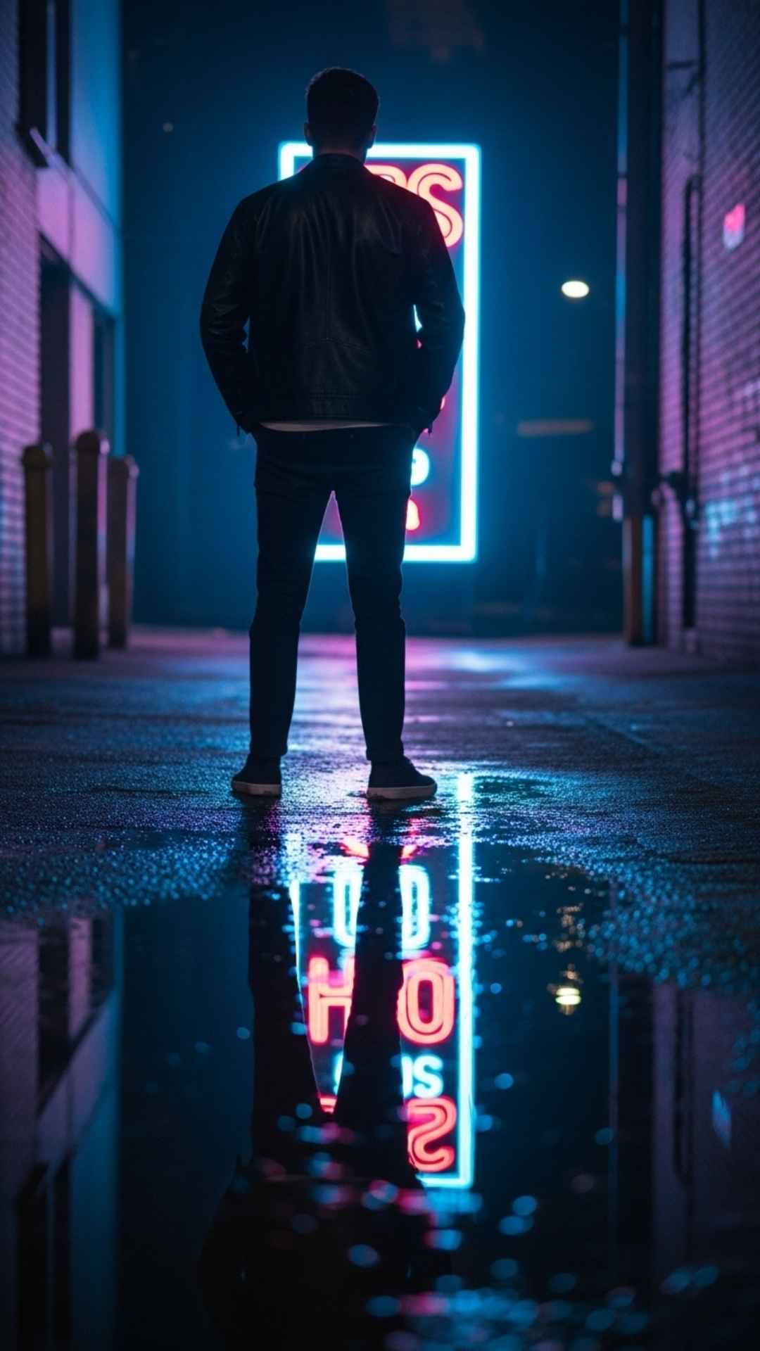 A cinematic shot of a young man's back in a dark alley, with the main focus on a vibrant neon sign reflection in a puddle on the wet ground.