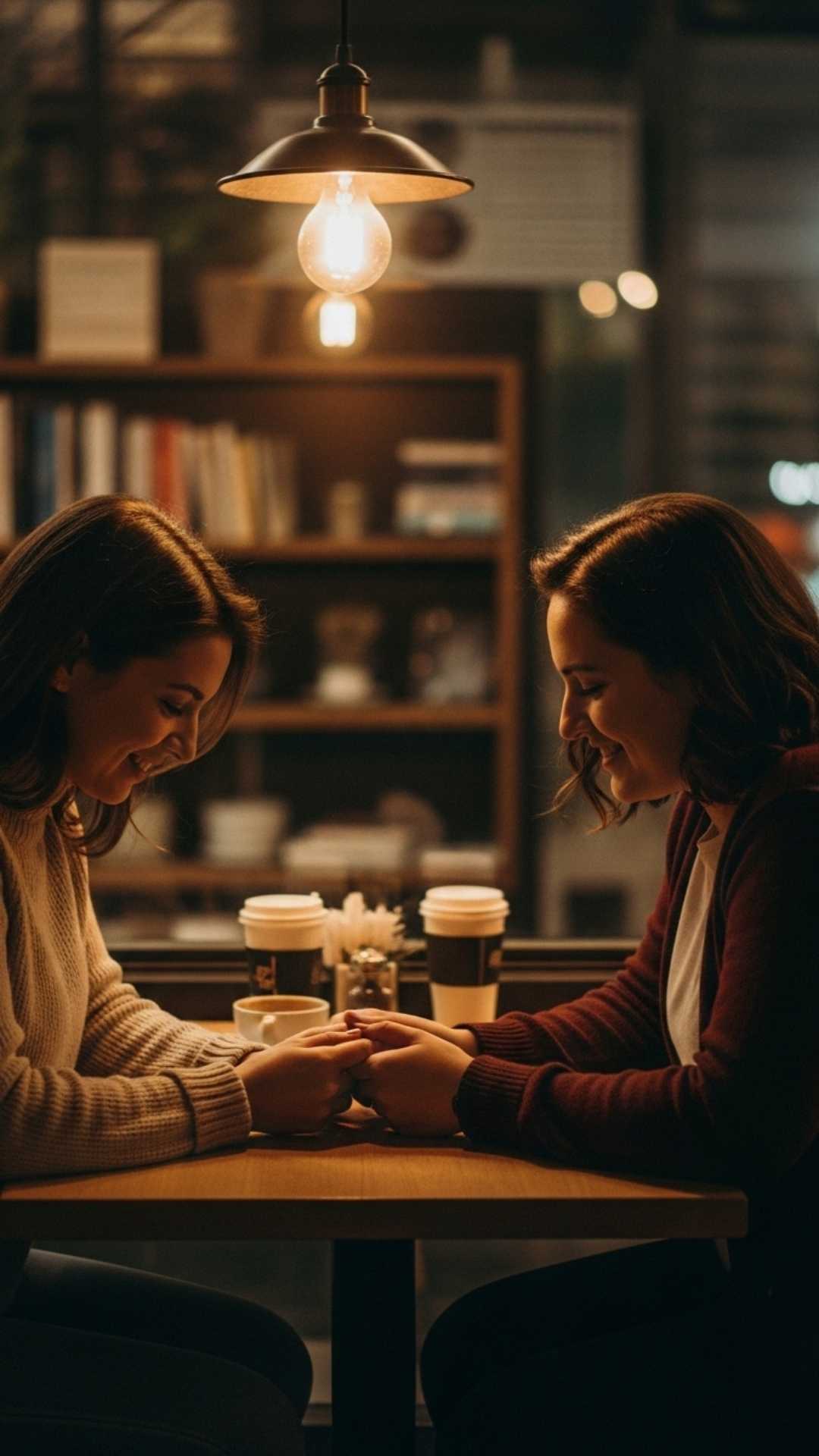 A candid shot of a couple having a quiet moment together in a cozy, softly lit cafe