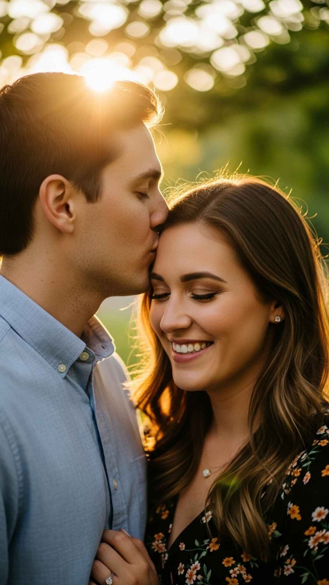 A close-up shot of a man kissing a woman's forehead during golden hour, with soft, warm light surrounding them
