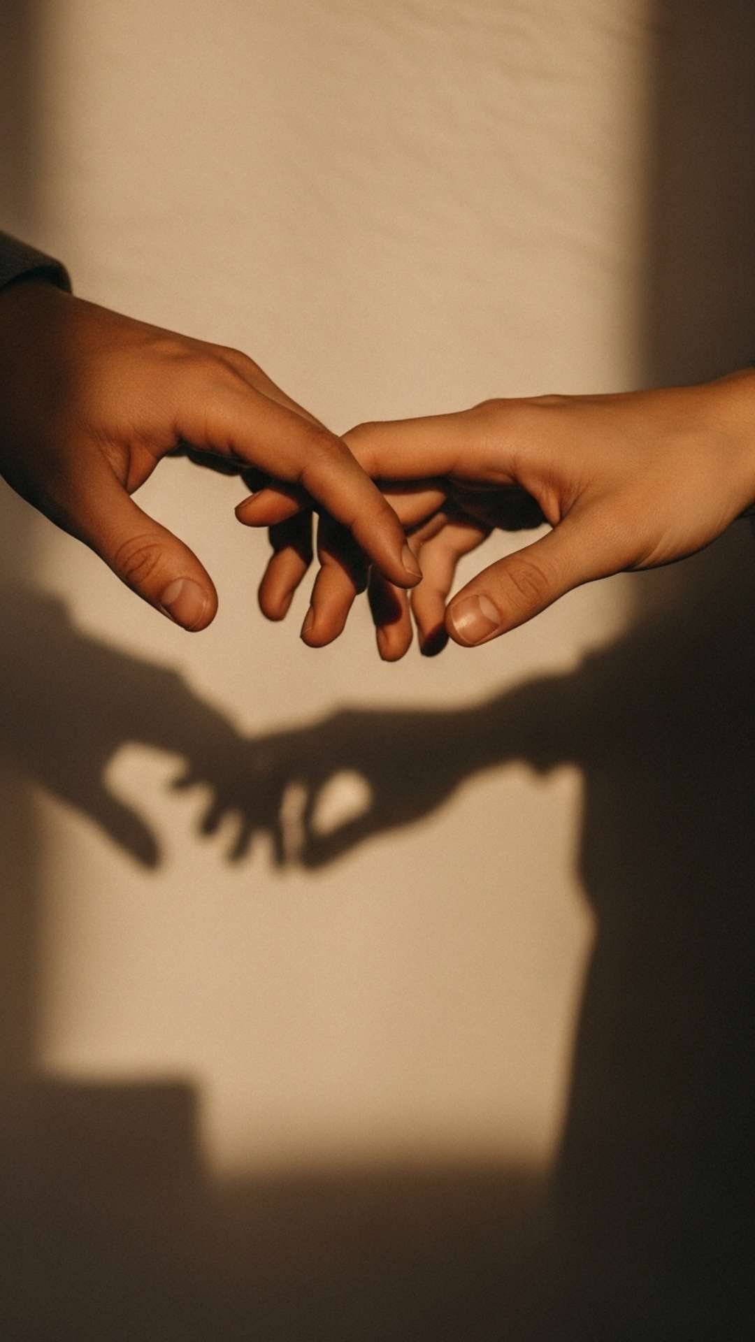 A close-up shot of a couple's hands intertwined, symbolizing a gentle and intimate connection.