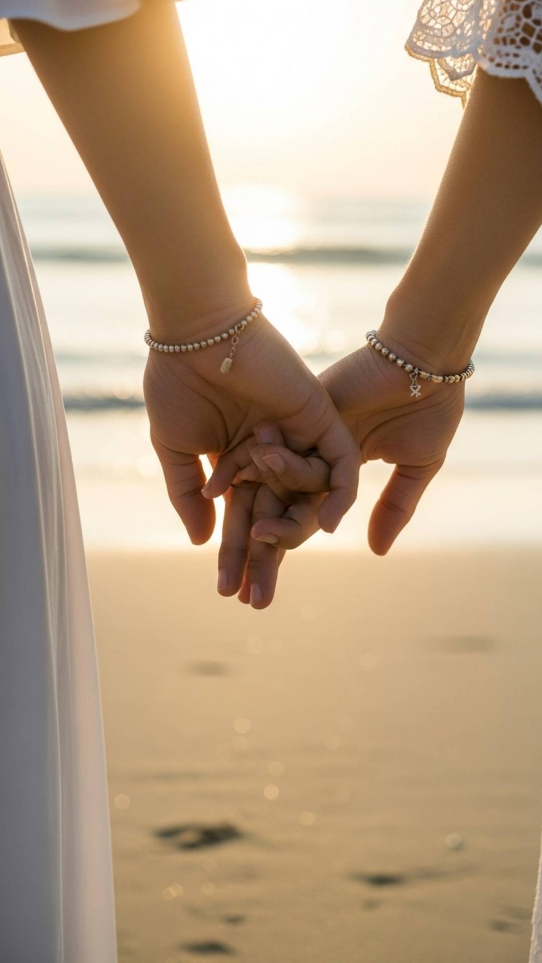 A close-up photo of a couple's hands intertwined on a beach at sunset, with warm, golden light and a soft, romantic feel.