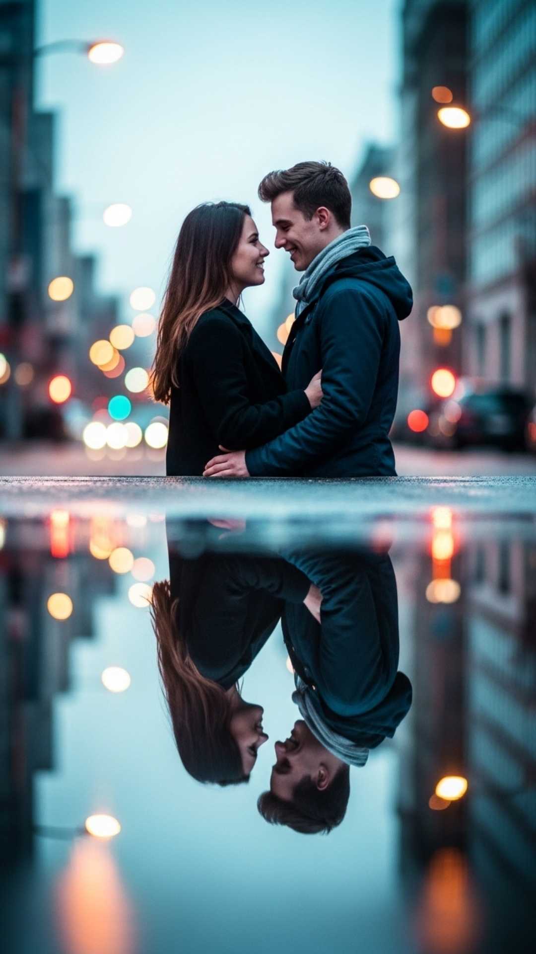 A couple's reflection in a puddle, showing them smiling at each other with city lights in the background