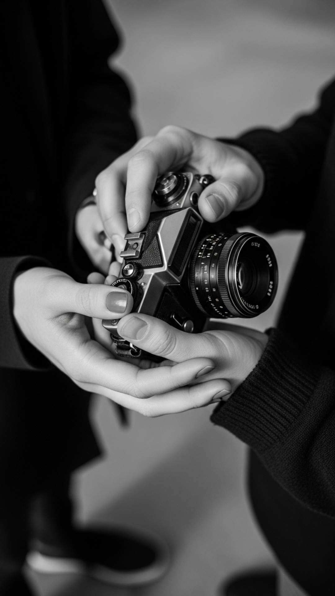 A stylish black and white image of a couple's hands holding a camera together, symbolizing a shared hobby.