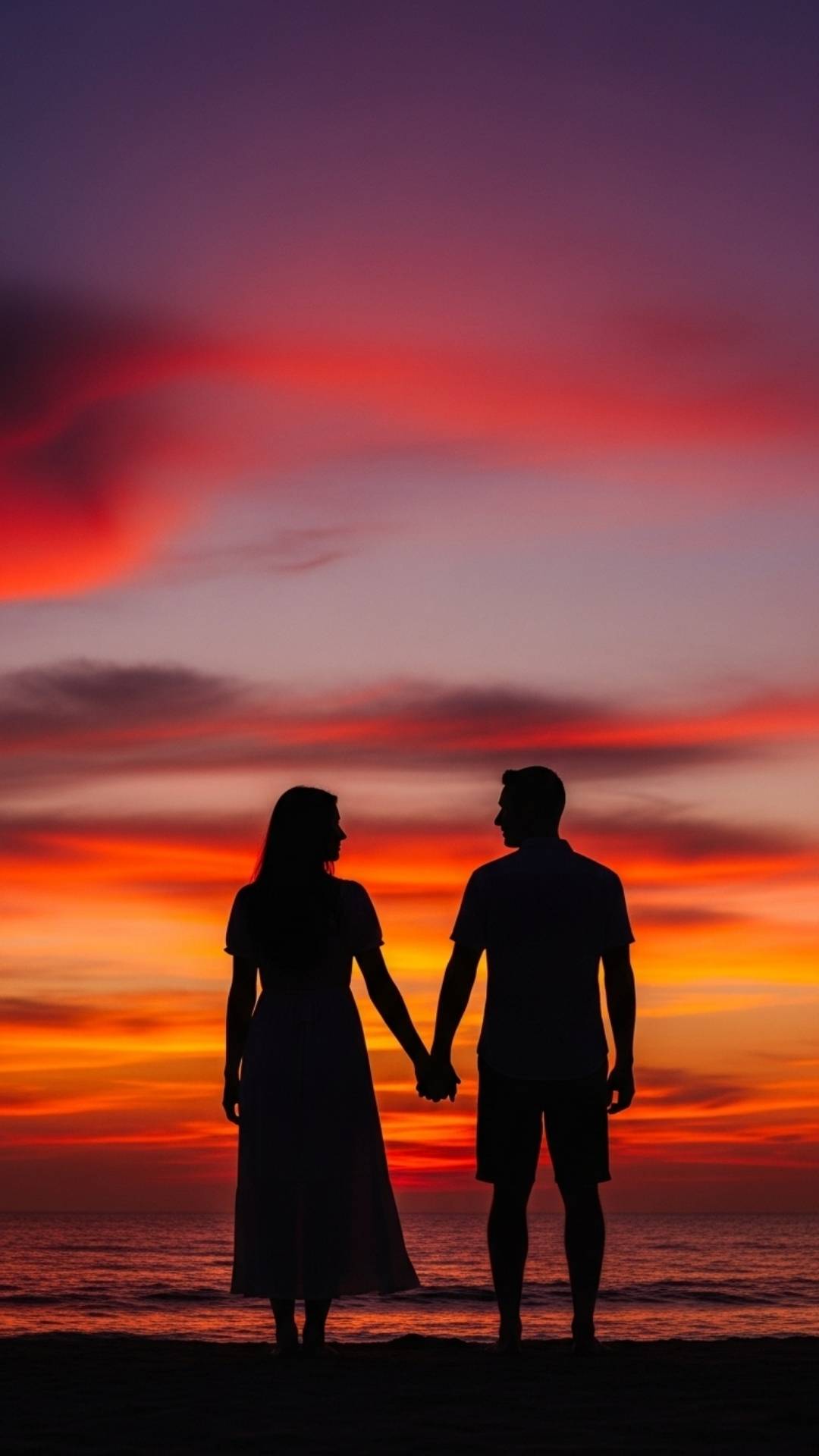 A silhouette of a couple holding hands on a beach, standing against a vibrant sunset sky.