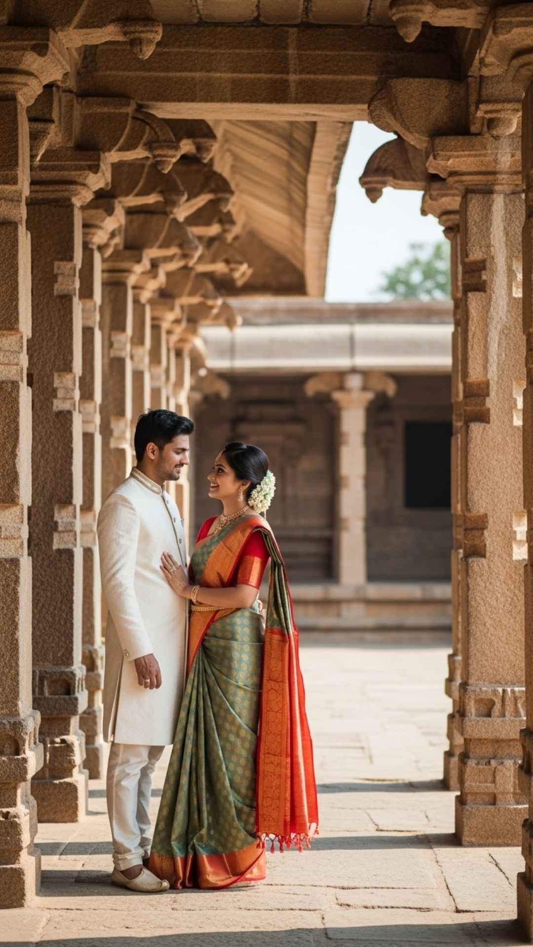 A photo of a couple in traditional Indian wedding attire, standing together in a beautifully sunlit temple courtyard.