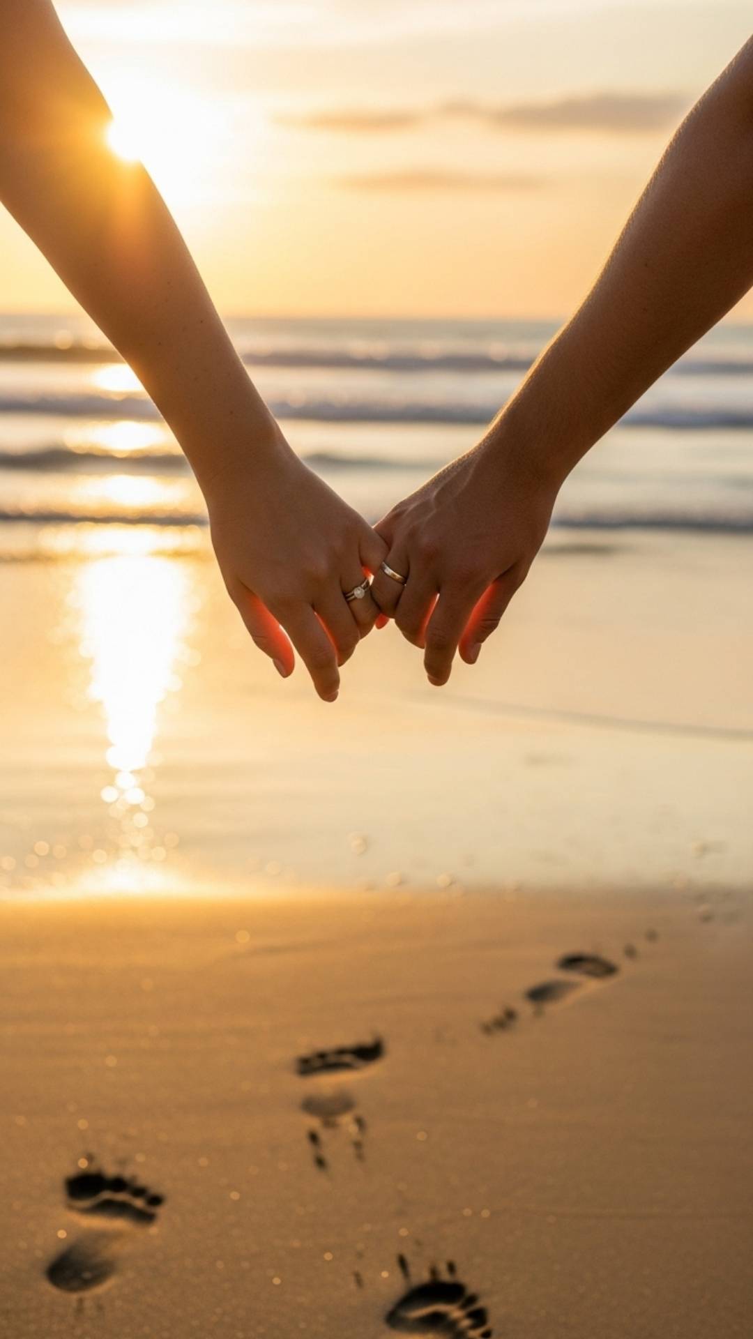 A romantic photo of a couple holding hands on a beach at sunset, with a focus on their intertwined hands