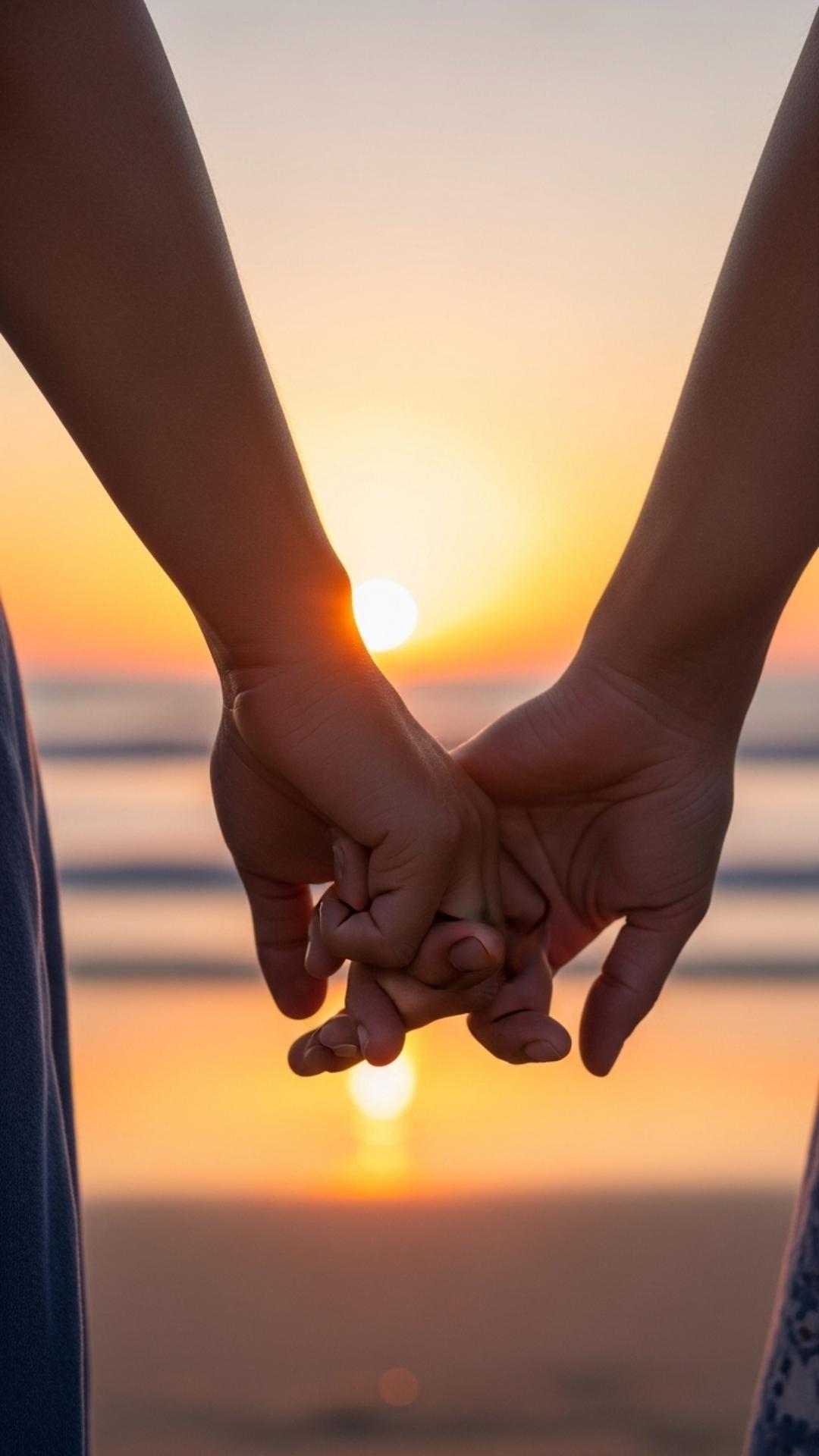 A close-up, romantic photo of a couple's hands intertwined, backlit by a beautiful beach sunset.