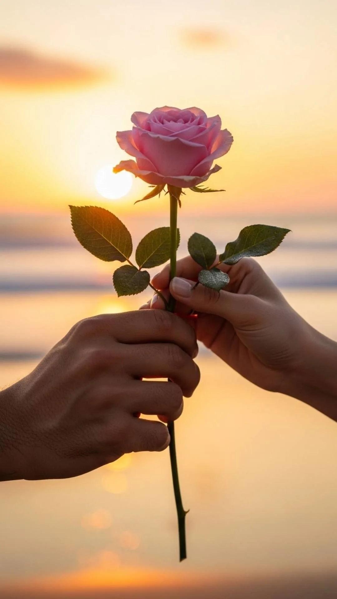 A romantic image of a couple's hands holding a pink rose, a beautiful love DP for a shared Instagram or WhatsApp profile picture, symbolizing connection and togetherness.