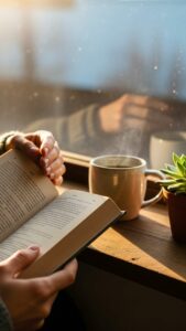A cozy scene with hands holding an open book, a cup of coffee, and a small plant on a windowsill with sunlight.