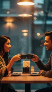 Cute couple coffee date Instagram DP, cozy romantic profile picture, couple with hot drinks, love in a cafe.