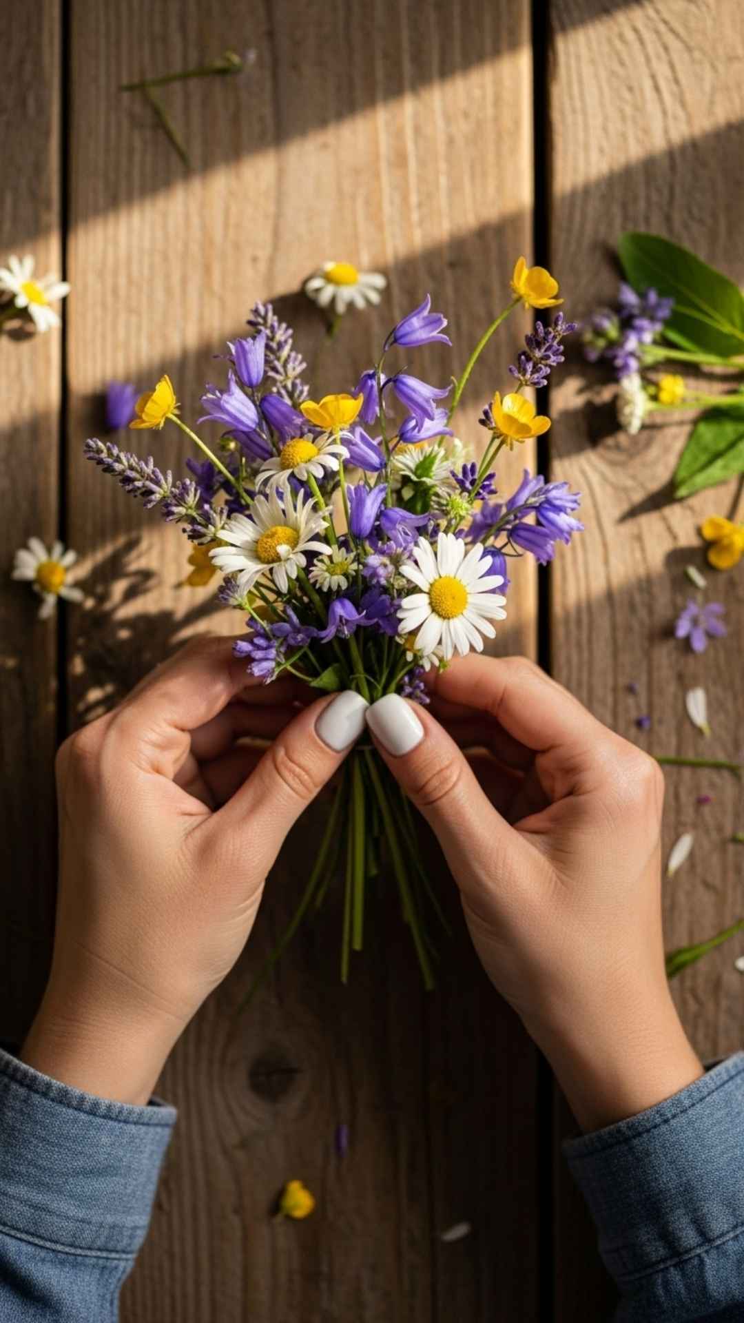 Overhead shot of a girl's hands gently arranging a bouquet of wildflowers on a rustic table in warm, natural light