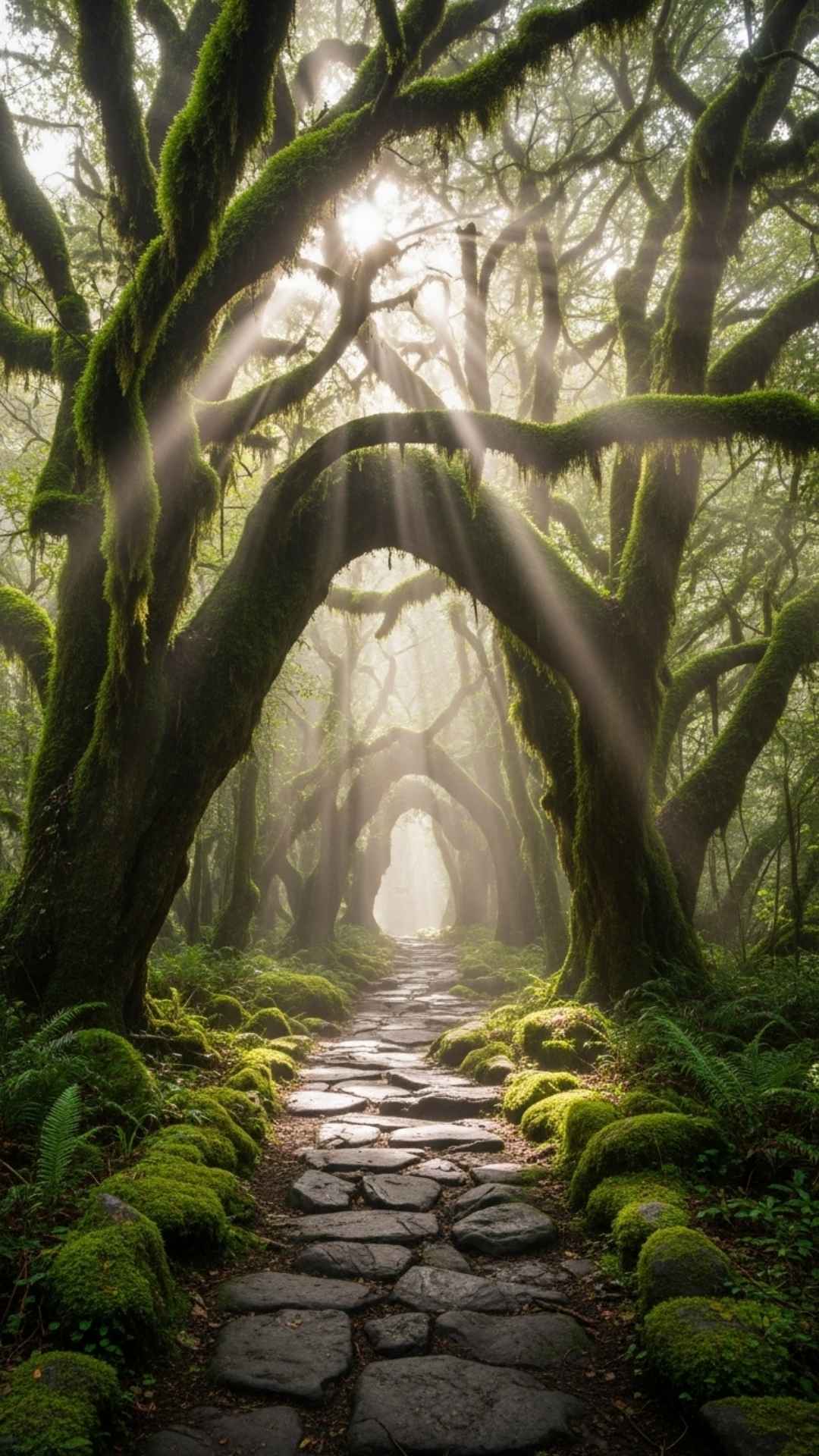 The expertly chosen Curator's Pick: an enchanting photo of a mossy stone path in a misty, ancient rainforest, perfect for a mysterious Nature DP for WhatsApp.