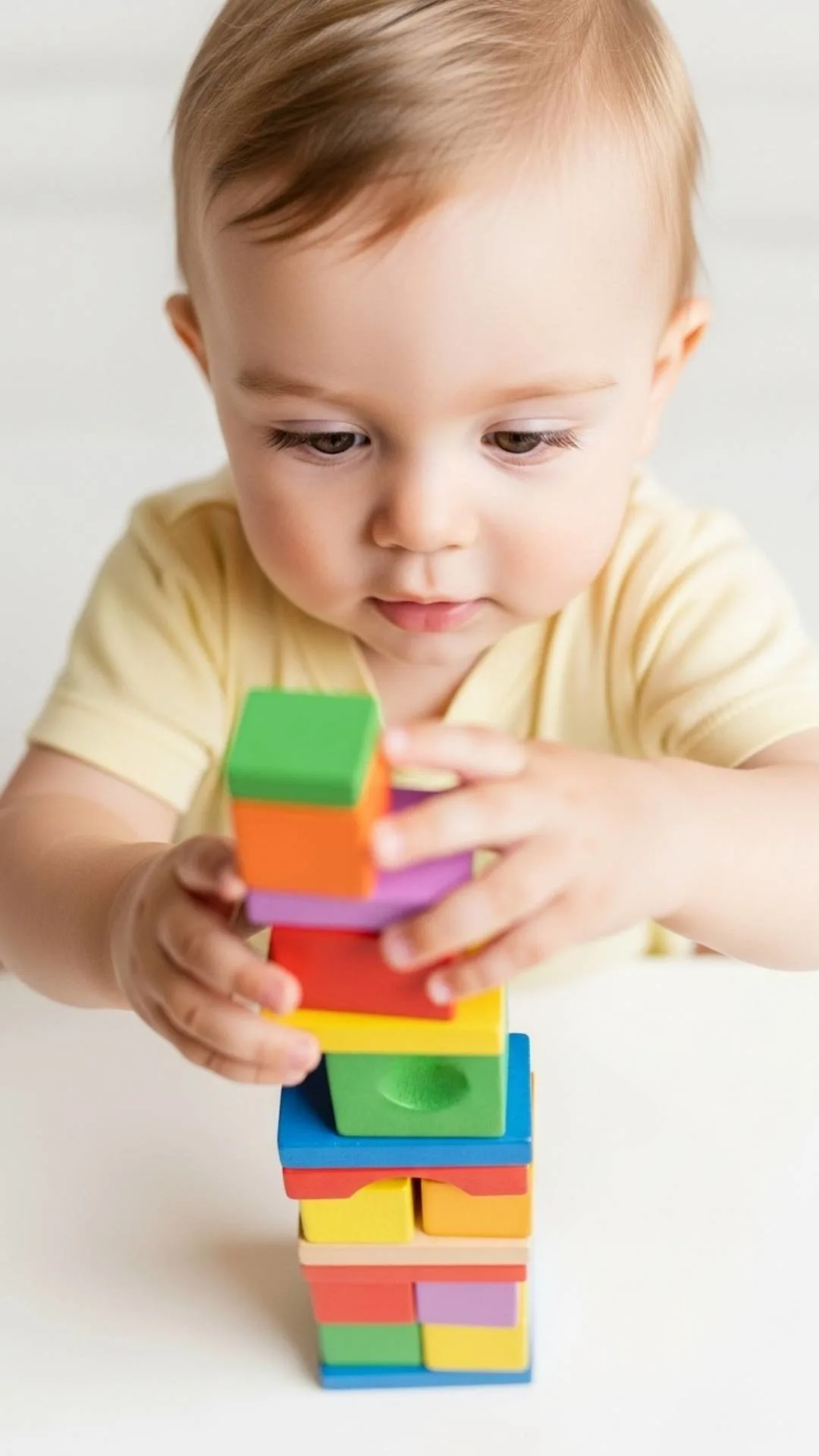 A creative cute baby boy DP with hands building with wooden blocks, a smart and lovely avatar