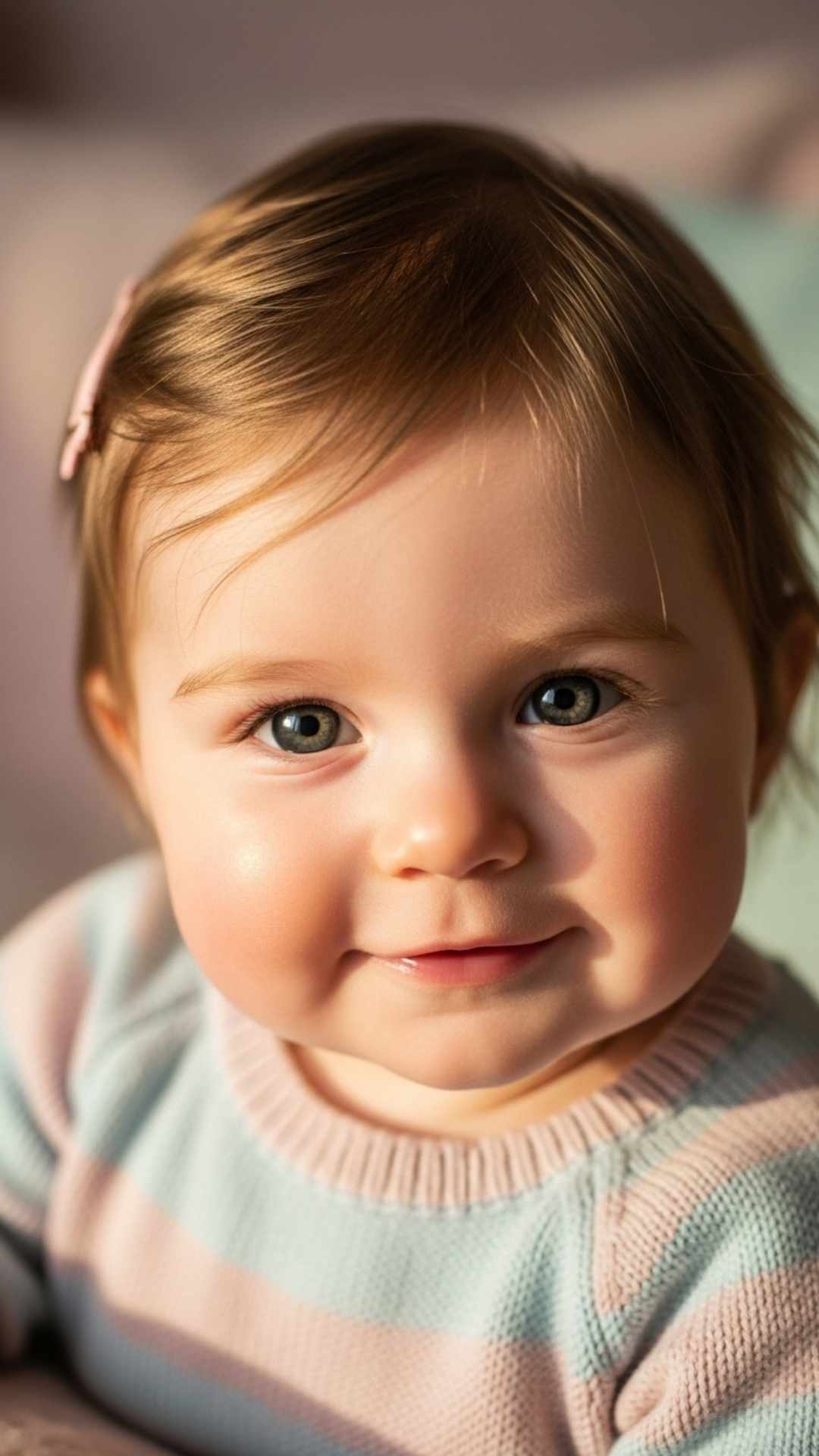 A sweet baby girl with a peaceful smile and rosy cheeks in a close-up, high-quality photo