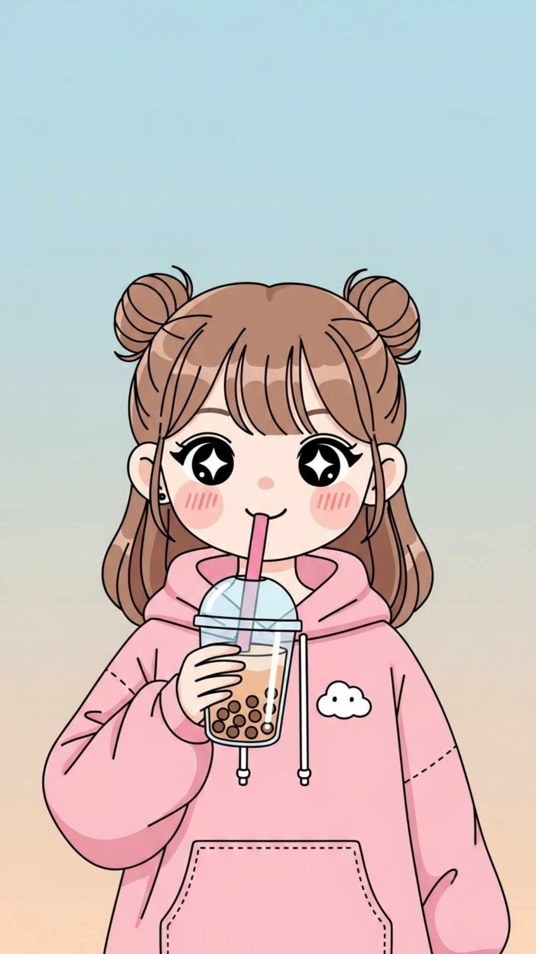 A cute chibi drawing of a girl with a boba tea, minimalist and colorful