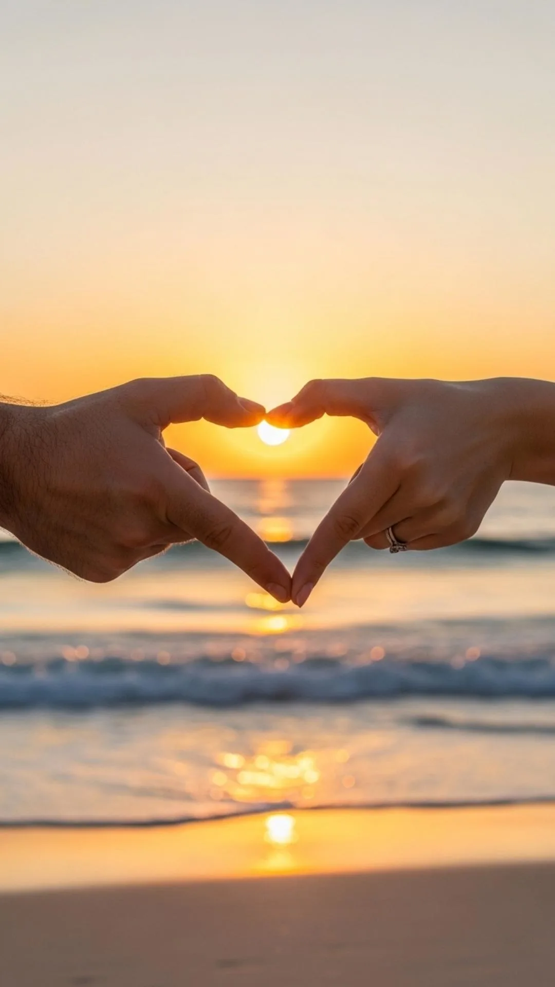 A romantic cute couple DP with hands forming a heart at sunset, a beautiful love profile picture for WhatsApp