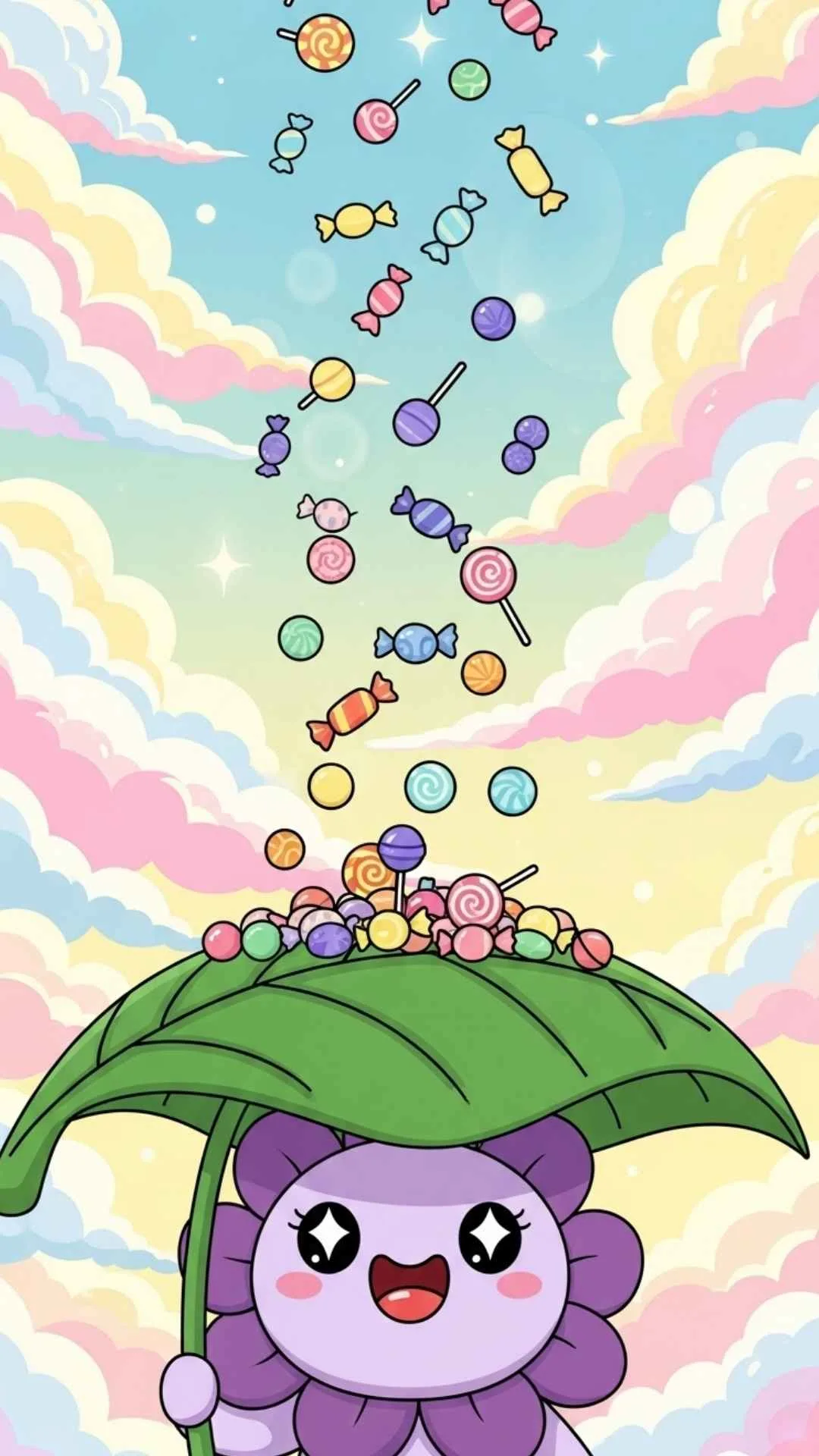 An imaginative and sweet cartoon DP of a flower under a candy rain, a whimsical and colorful avatar for a dreamy and cheerful profile picture