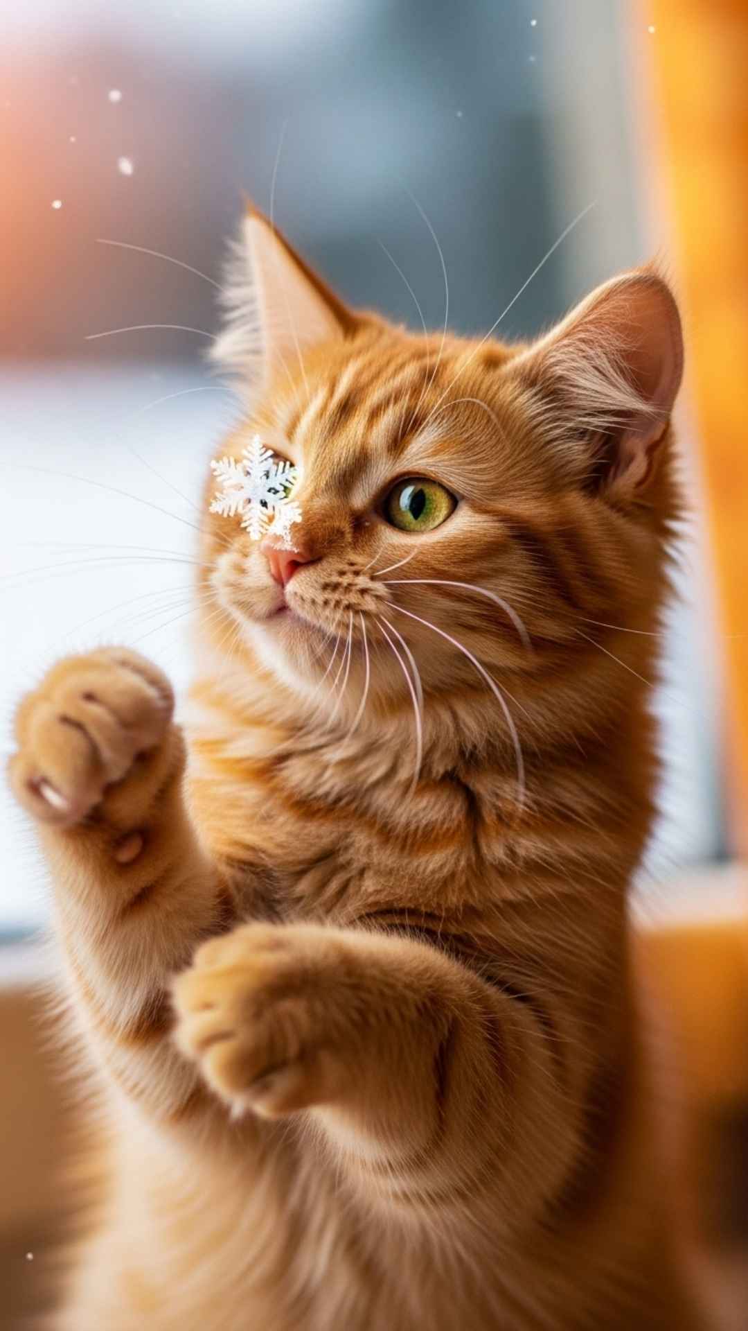 A cute ginger kitten with green eyes playing with a snowflake, captured in a warm, snowy setting.