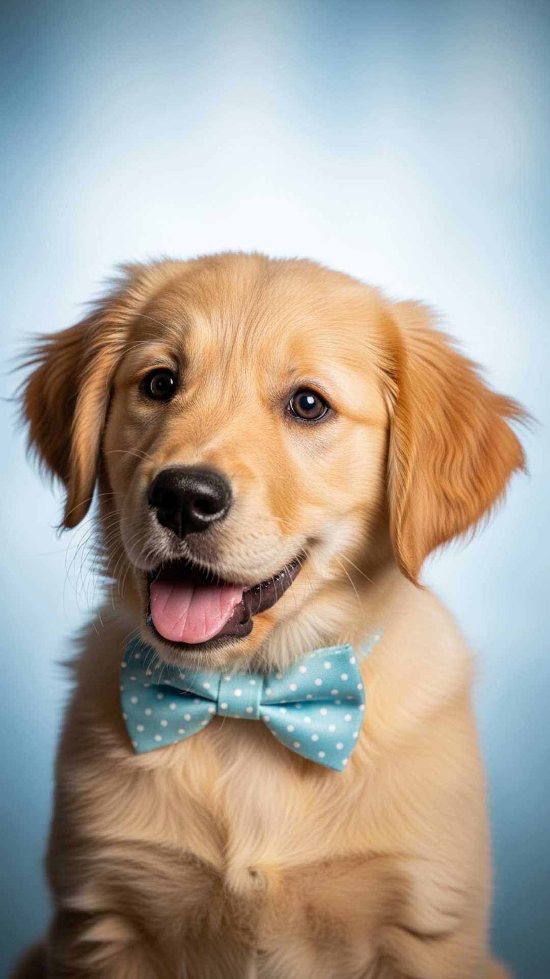 A cute Golden Retriever puppy wearing a small pastel bow tie, shot in a professional studio portrait style
