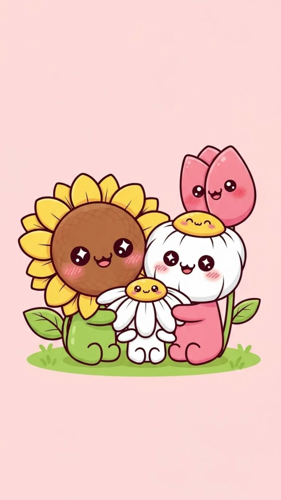 A cute Kawaii cartoon drawing of a smiling flower family, an adorable and cheerful avatar for a girl's profile picture on Instagram or WhatsApp