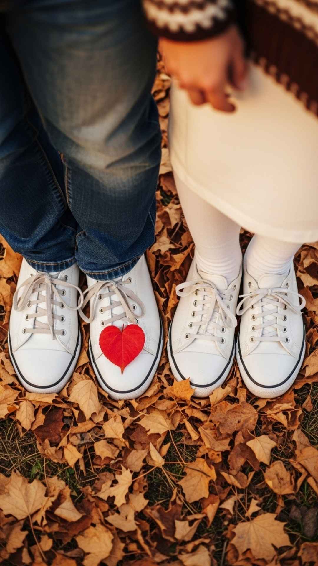 A close-up of a couple's shoes standing on autumn leaves, with a heart-shaped leaf on one shoe, symbolizing a cute and heartwarming love moment